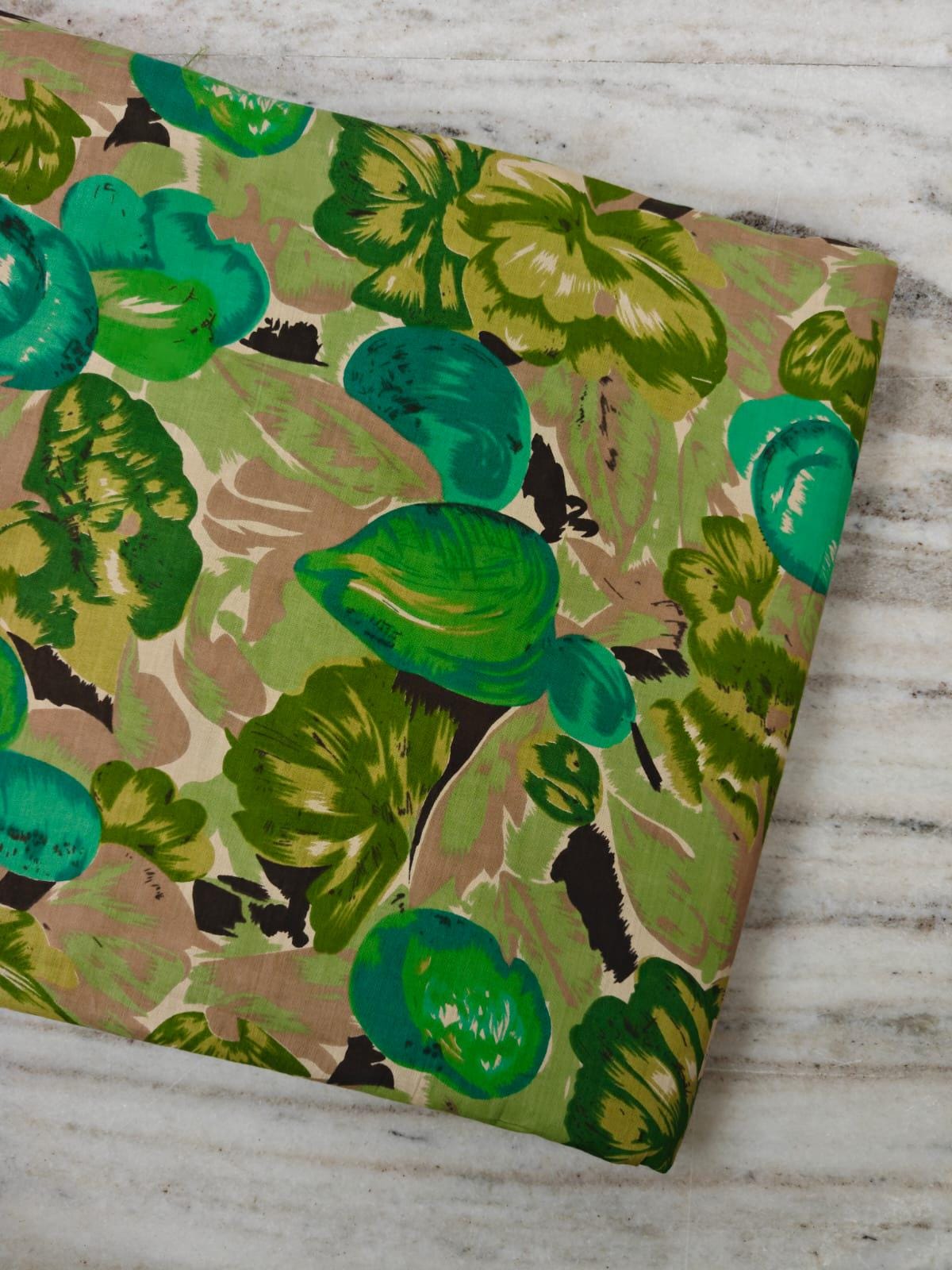 Green Tropical Leaf Print Cotton Fabric | Teal & Olive Botanical Fabric | Tropical Sewing Fabric | Quilting Apparel Material | Loose Fabric
