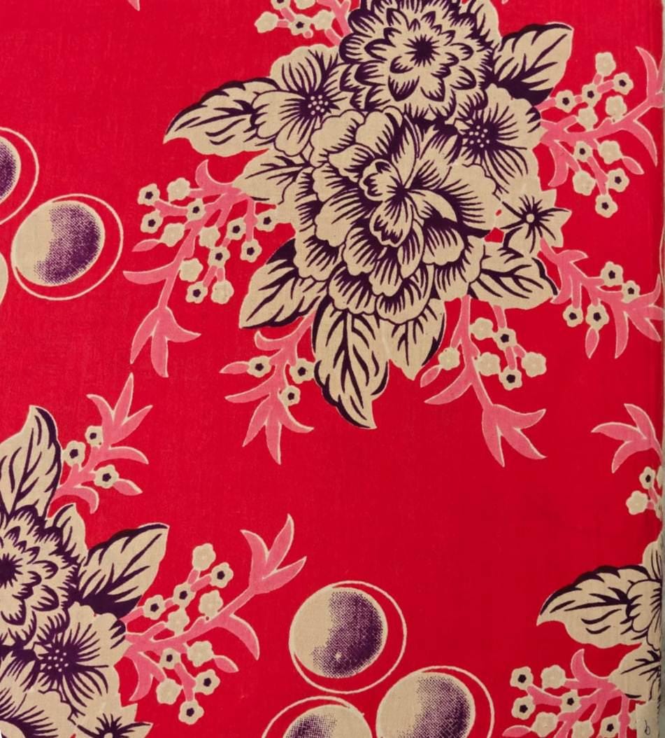 Red Floral Cotton Fabric | Vintage Flower & Berry Print | Pink Cream Botanical Fabric | Sewing Quilting Dressmaking Material