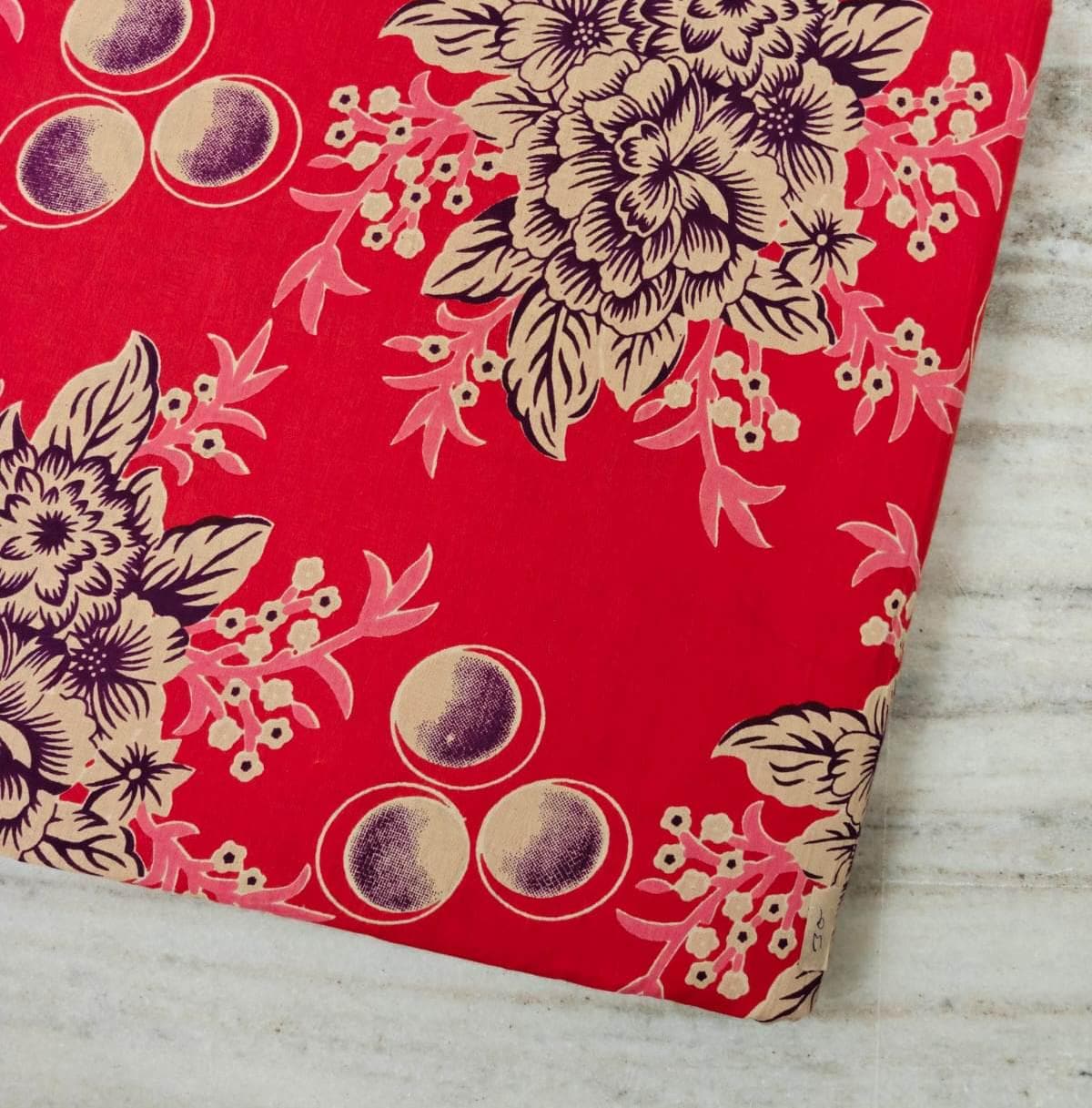 Red Floral Cotton Fabric | Vintage Flower & Berry Print | Pink Cream Botanical Fabric | Sewing Quilting Dressmaking Material