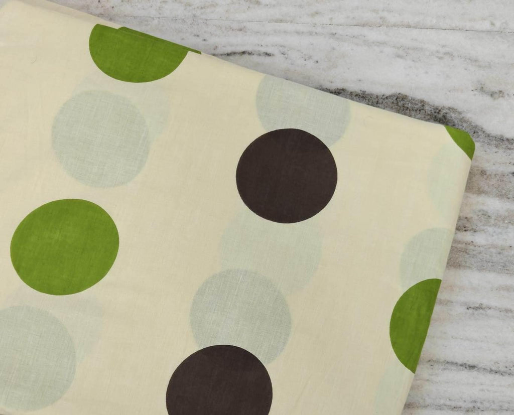 Cream Cotton Fabric with Large Polka Dots | Green Brown & Pale Blue Circle Print | Modern Retro Fabric | Sewing  Quilting Fabric