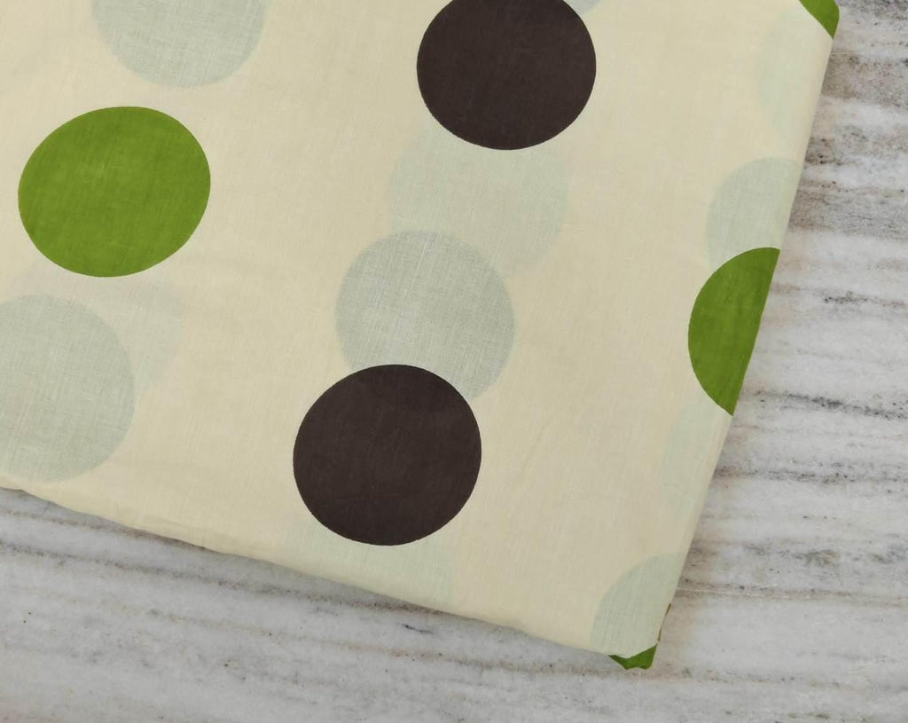 Cream Cotton Fabric with Large Polka Dots | Green Brown & Pale Blue Circle Print | Modern Retro Fabric | Sewing  Quilting Fabric