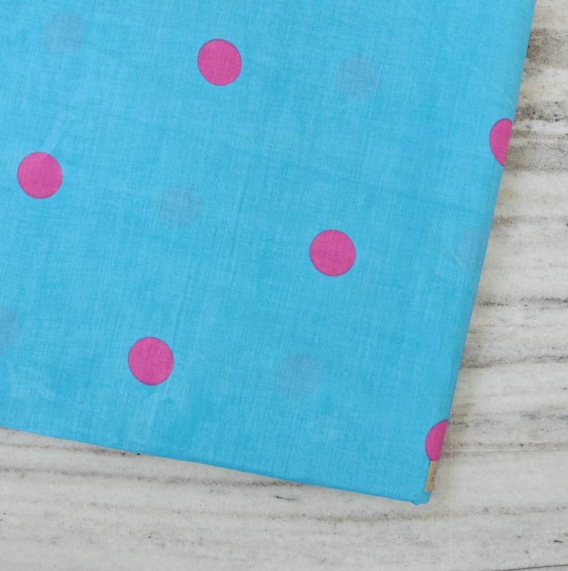 Turquoise Blue Cotton Fabric with Pink Polka Dots, Bright Retro Dot Print Fabric, Modern Quilting Sewing Fabric, Fun Home Decor Textile