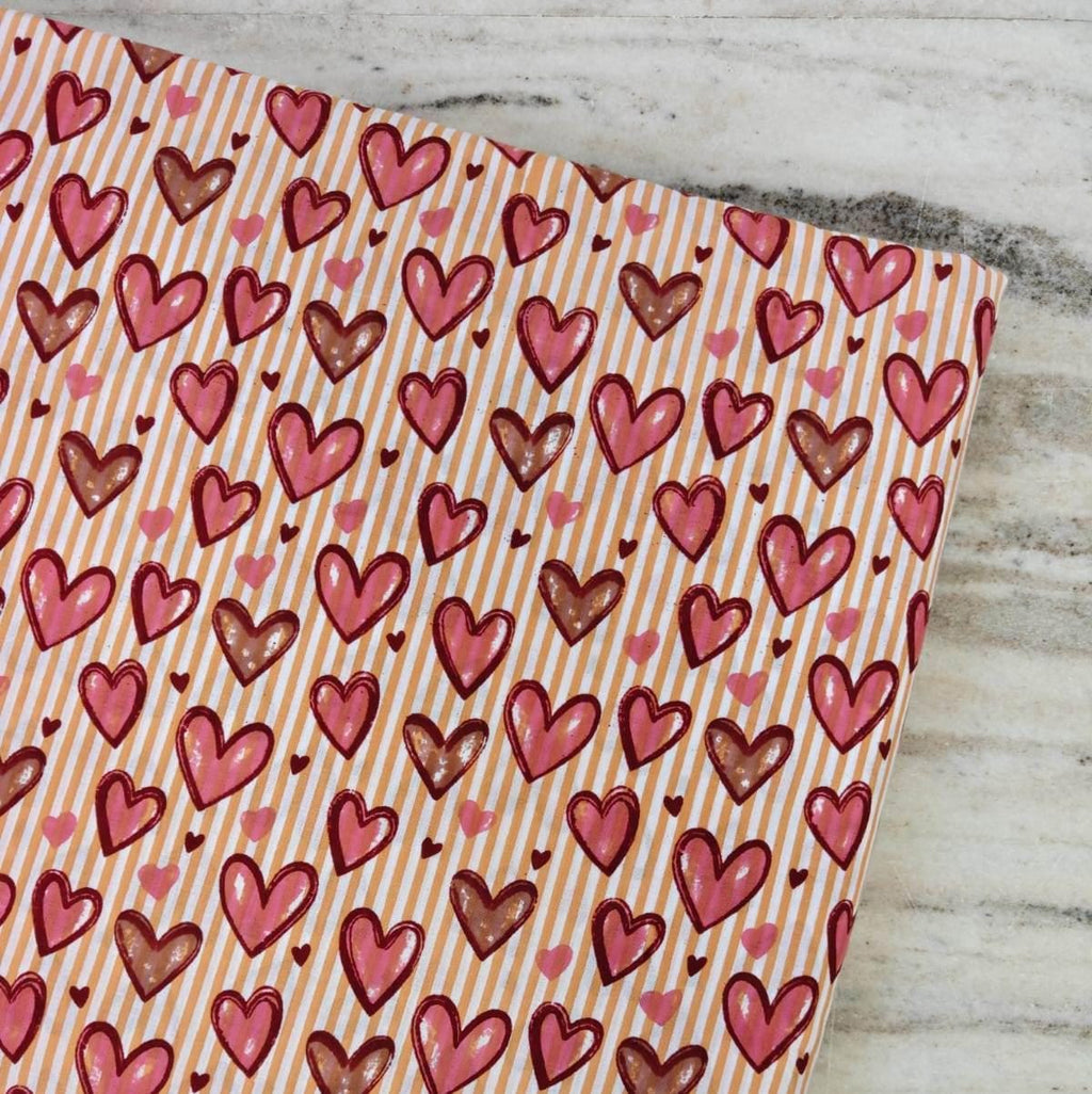 Pink Heart Cotton Fabric, Red and Blush Hearts on Cream Stripes, Romantic Valentine Fabric, Cute Love Print Quilting Sewing Fabric