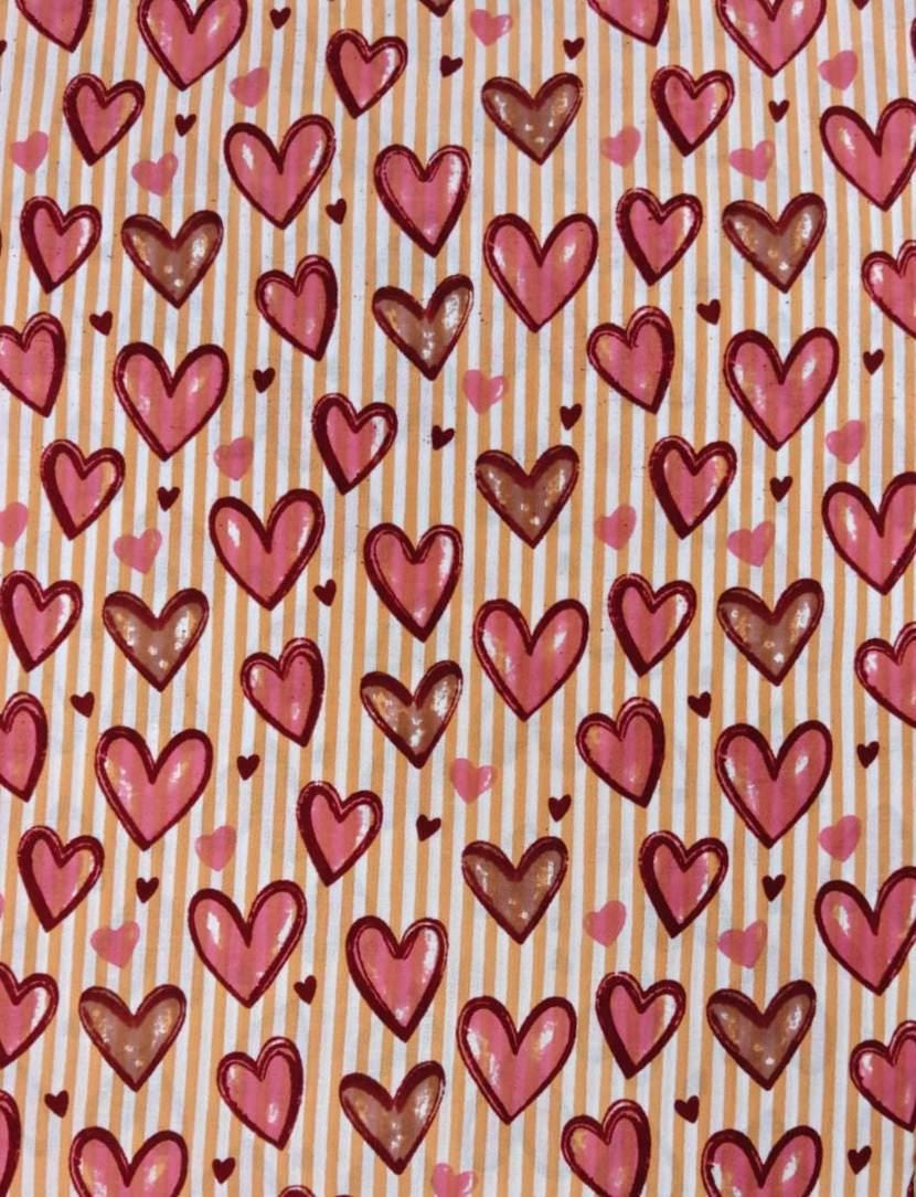 Pink Heart Cotton Fabric, Red and Blush Hearts on Cream Stripes, Romantic Valentine Fabric, Cute Love Print Quilting Sewing Fabric