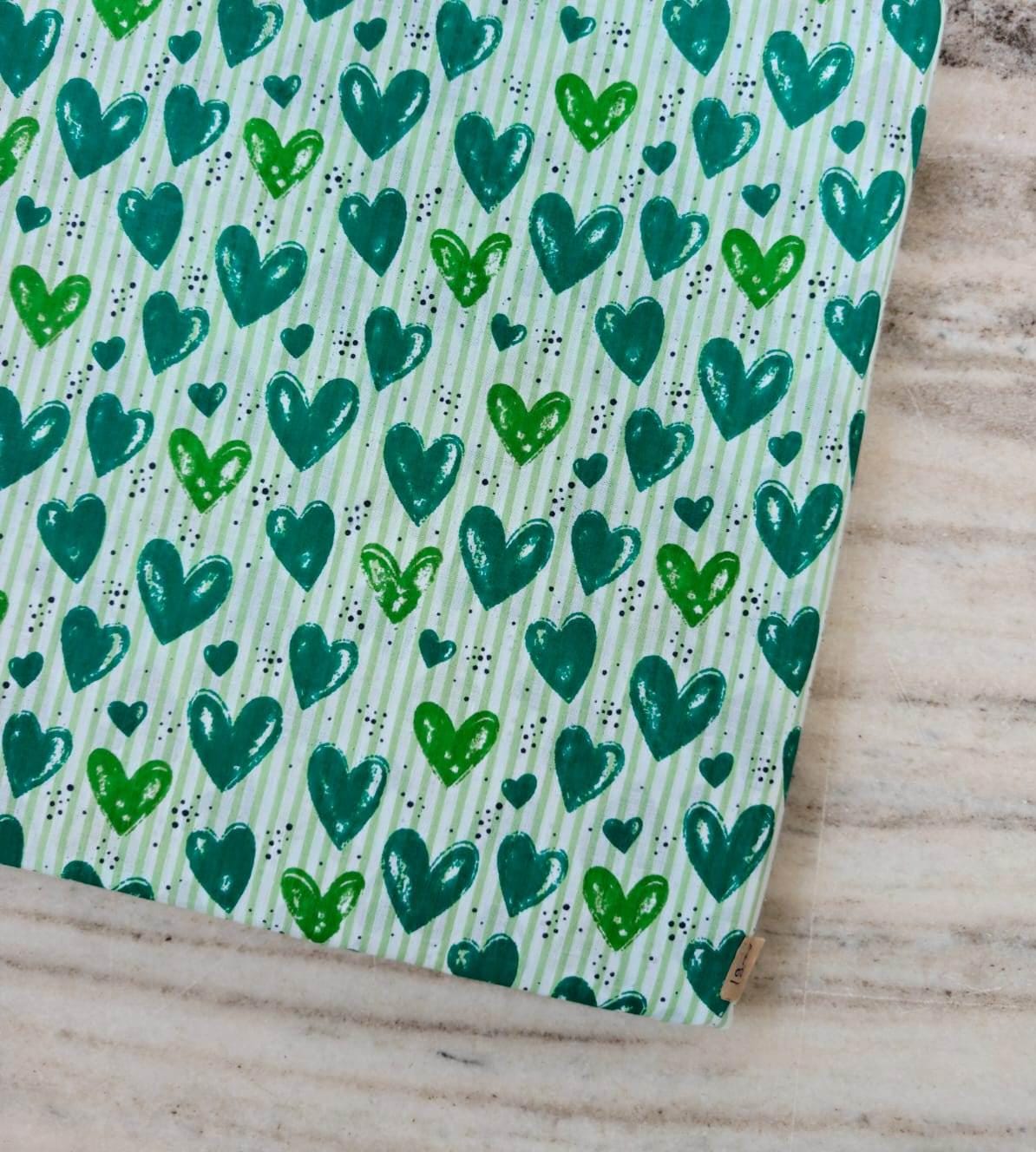 Green Heart Stripe Cotton Fabric, Cute Hearts on Mint Green Stripes, Quilting & Sewing Fabric, Romantic Valentine Fabric, Dressmaking Fabric