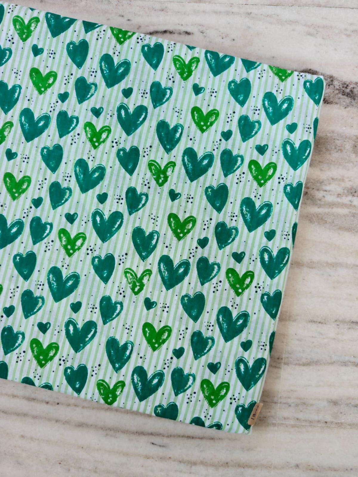 Green Heart Stripe Cotton Fabric, Cute Hearts on Mint Green Stripes, Quilting & Sewing Fabric, Romantic Valentine Fabric, Dressmaking Fabric