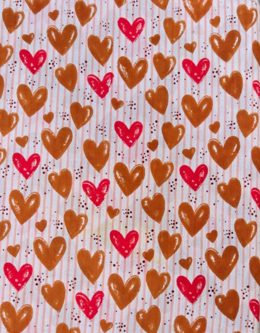 Pink Brown Heart Stripe Cotton Fabric, Cute Heart Print on Blush Pink Stripes,  Romantic Valentine Fabric, Dressmaking Fabric