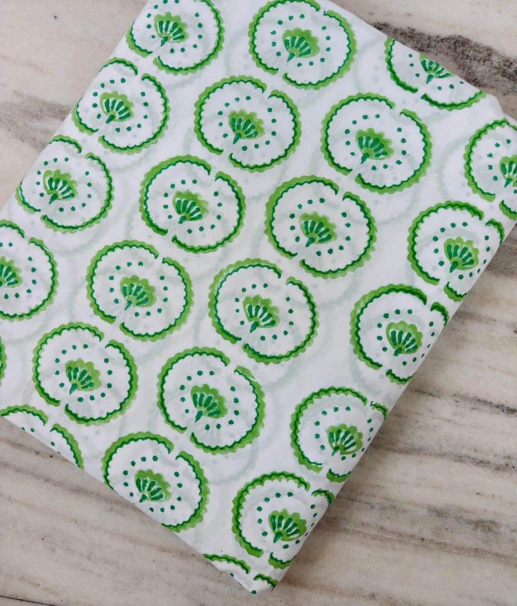 Green Floral Cotton Fabric | Indian Block Print Fabric | Hand Printed Cotton Textile | White Green Floral Fabric | Sewing & Quilting Fabric