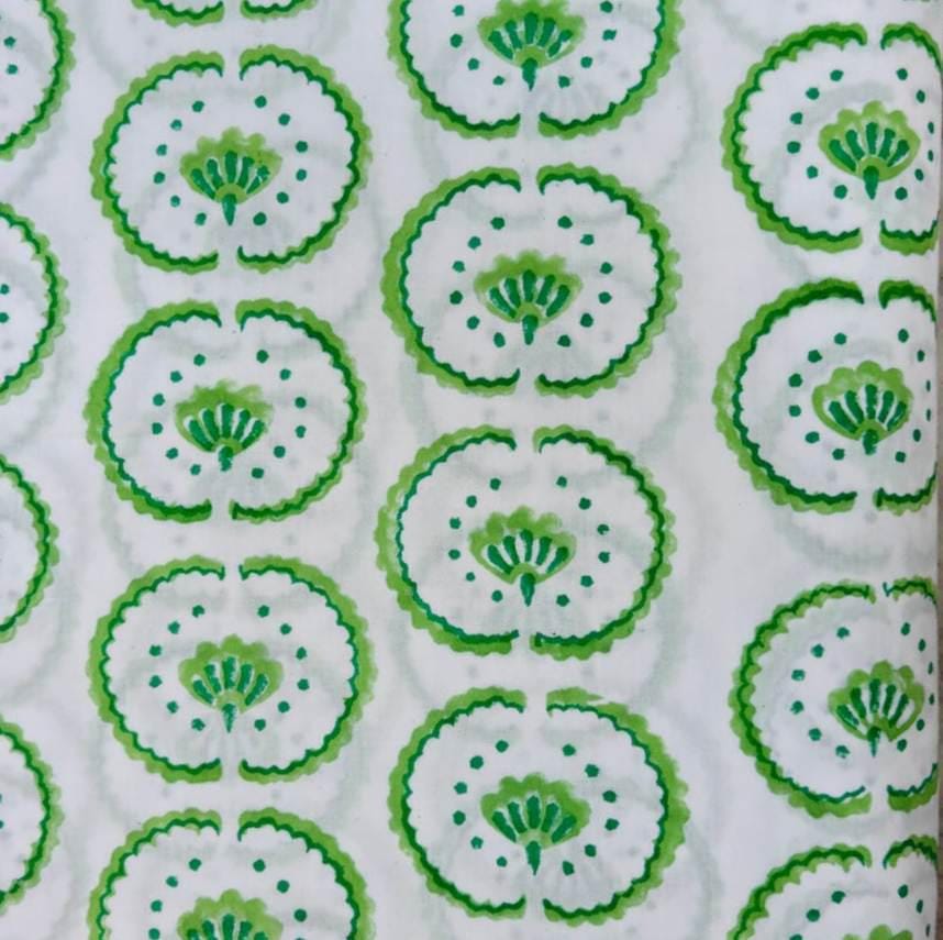 Green Floral Cotton Fabric | Indian Block Print Fabric | Hand Printed Cotton Textile | White Green Floral Fabric | Sewing & Quilting Fabric