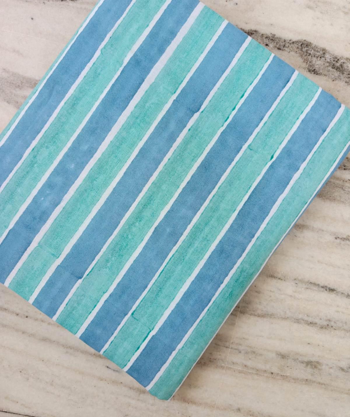 Blue & Aqua Stripe Cotton Fabric | Hand Block Print Fabric | Indian Cotton Textile | Striped Fabric by the Yard | Sewing  Quilting Fabric