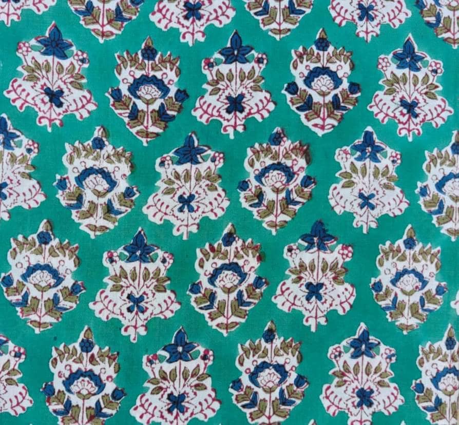 Teal Blue White Floral Cotton Fabric, Block Print Fabric, Indian Hand Printed Textile, Boho Sewing Fabric by Yard, Fabric For Dress Making