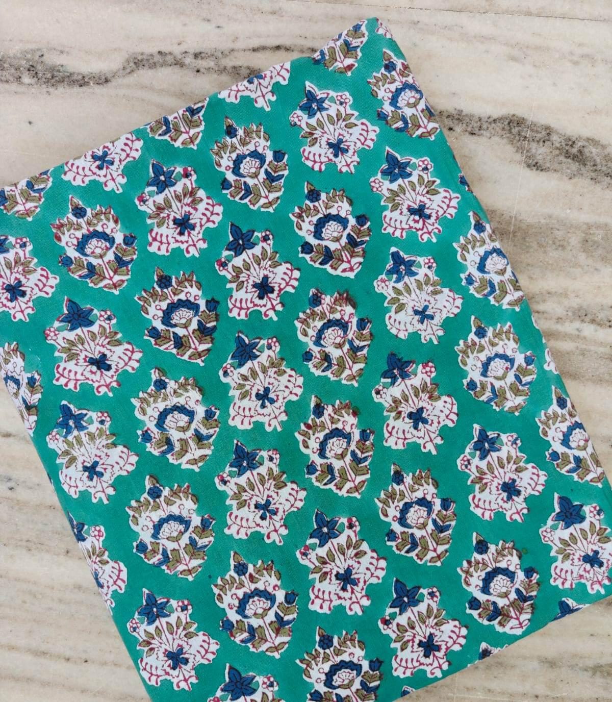 Teal Blue White Floral Cotton Fabric, Block Print Fabric, Indian Hand Printed Textile, Boho Sewing Fabric by Yard, Fabric For Dress Making