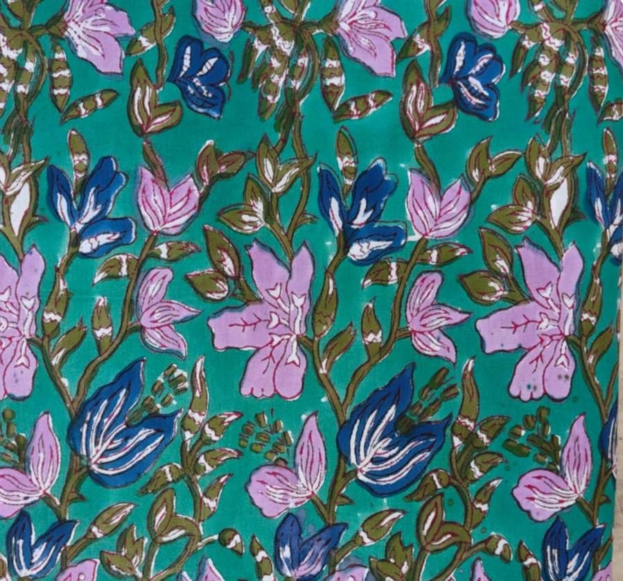 Teal Pink & Blue Floral Cotton Fabric, Block Print Fabric, Indian Hand Printed Textile, Boho Sewing Fabric by Yard, Fabric For Dress Making