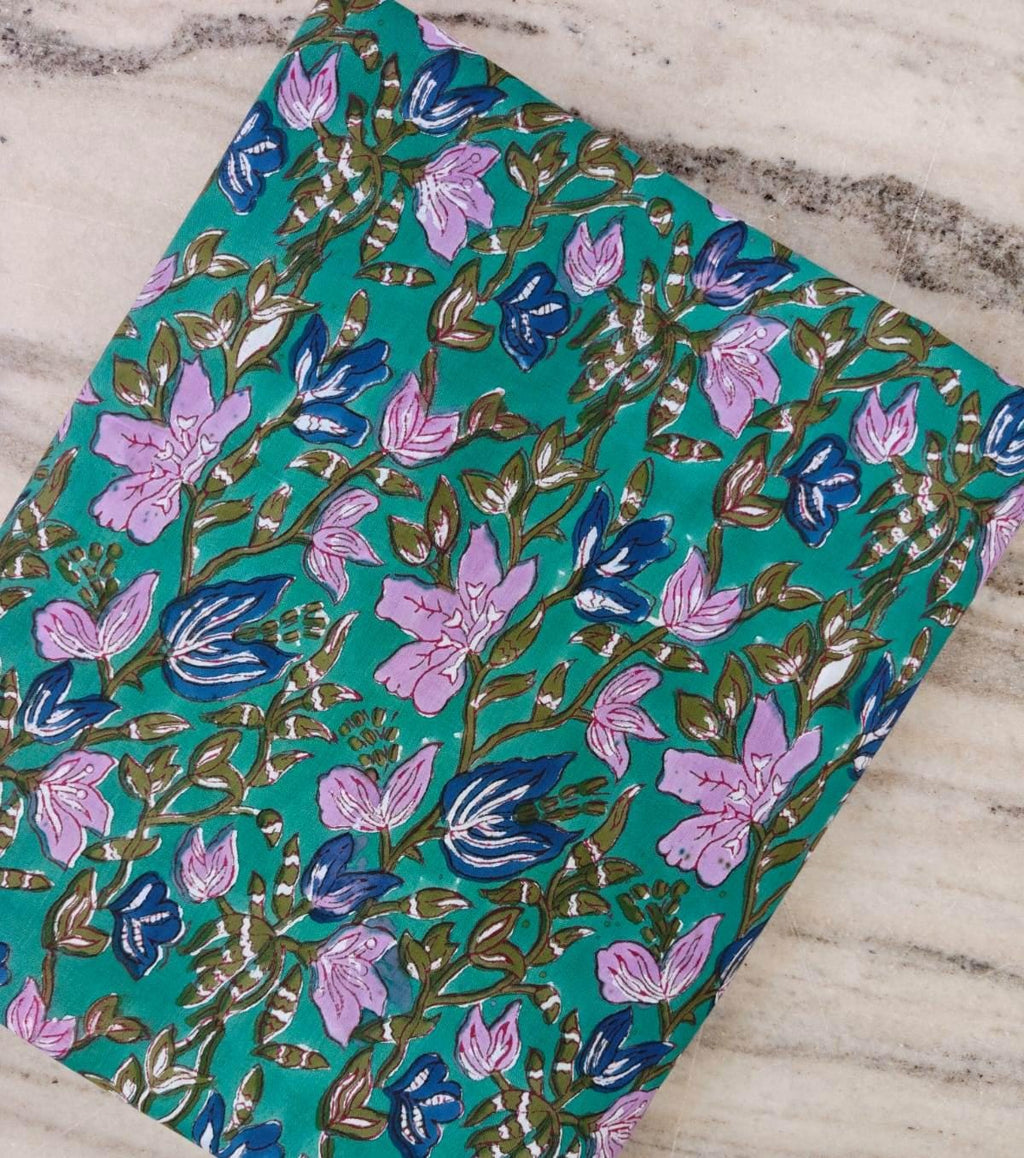 Teal Pink & Blue Floral Cotton Fabric, Block Print Fabric, Indian Hand Printed Textile, Boho Sewing Fabric by Yard, Fabric For Dress Making
