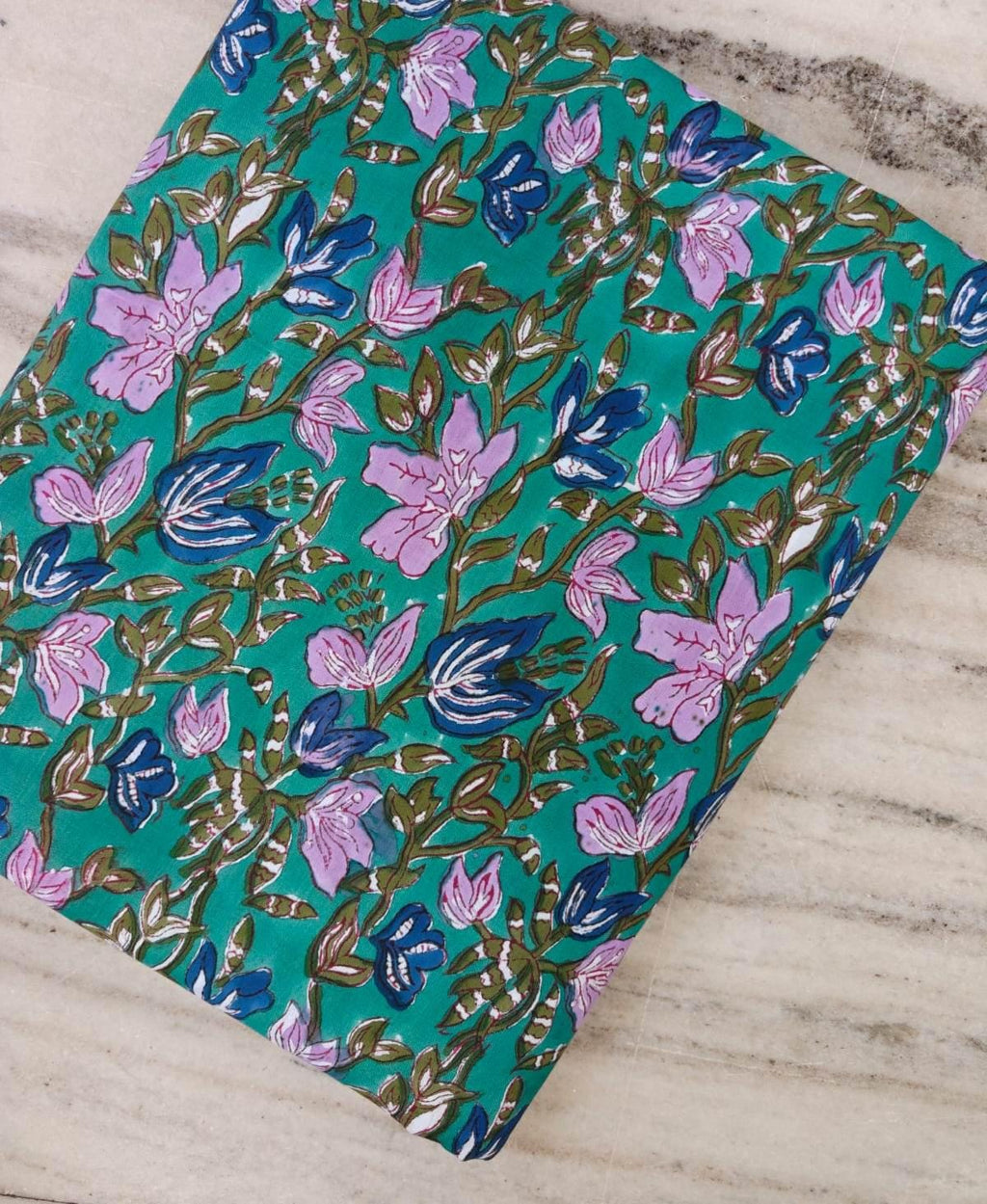 Teal Pink & Blue Floral Cotton Fabric, Block Print Fabric, Indian Hand Printed Textile, Boho Sewing Fabric by Yard, Fabric For Dress Making