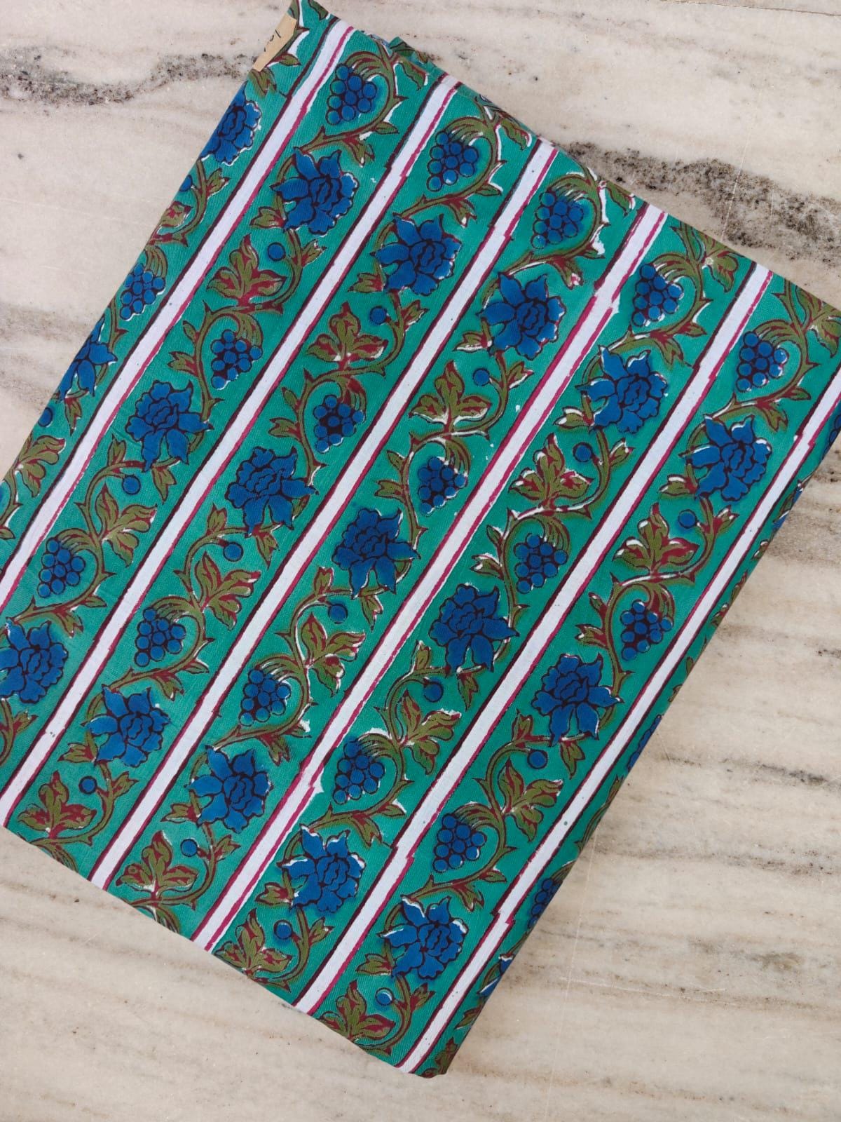 Teal Blue Floral Cotton Fabric, Striped Floral Print Fabric, Indian Block Print Cotton, Blue Flower Fabric, Sewing Dress Making Fabric