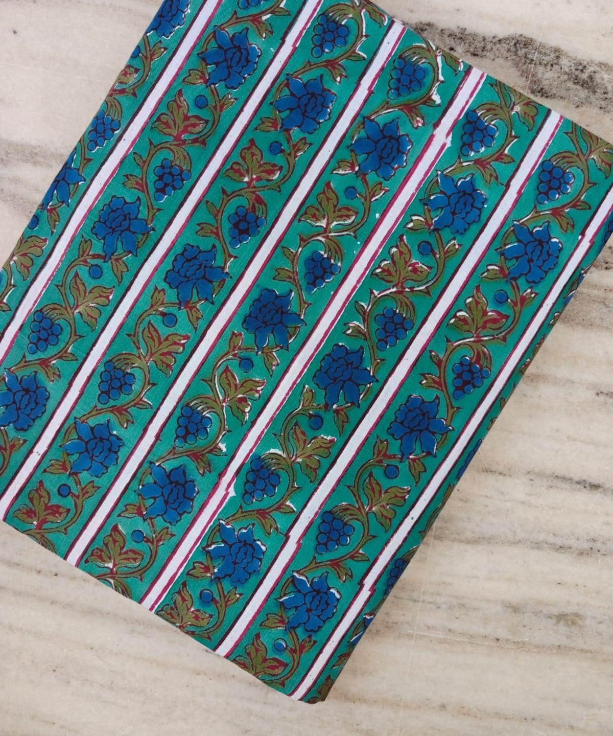 Teal Blue Floral Cotton Fabric, Striped Floral Print Fabric, Indian Block Print Cotton, Blue Flower Fabric, Sewing Dress Making Fabric