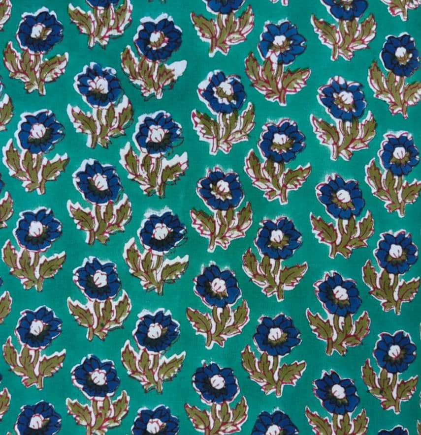 Teal Floral Cotton Fabric, Blue Flower & Green Leaf Print, 100% Indian Block Print Fabric By The Yard, Sewing Fabric, Losse Running Fabric