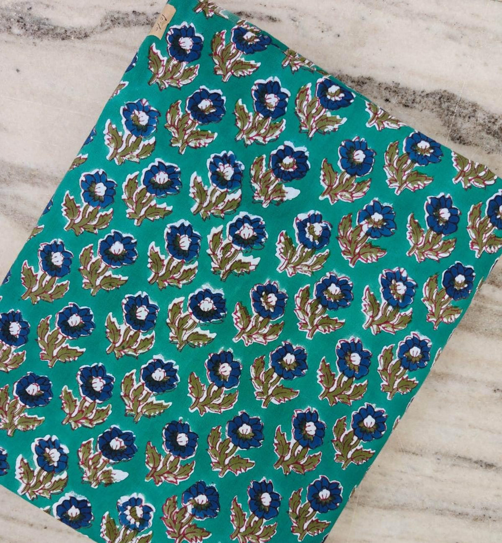 Teal Floral Cotton Fabric, Blue Flower & Green Leaf Print, 100% Indian Block Print Fabric By The Yard, Sewing Fabric, Losse Running Fabric