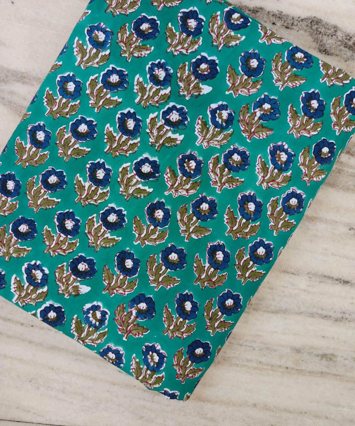 Teal Floral Cotton Fabric, Blue Flower & Green Leaf Print, 100% Indian Block Print Fabric By The Yard, Sewing Fabric, Losse Running Fabric