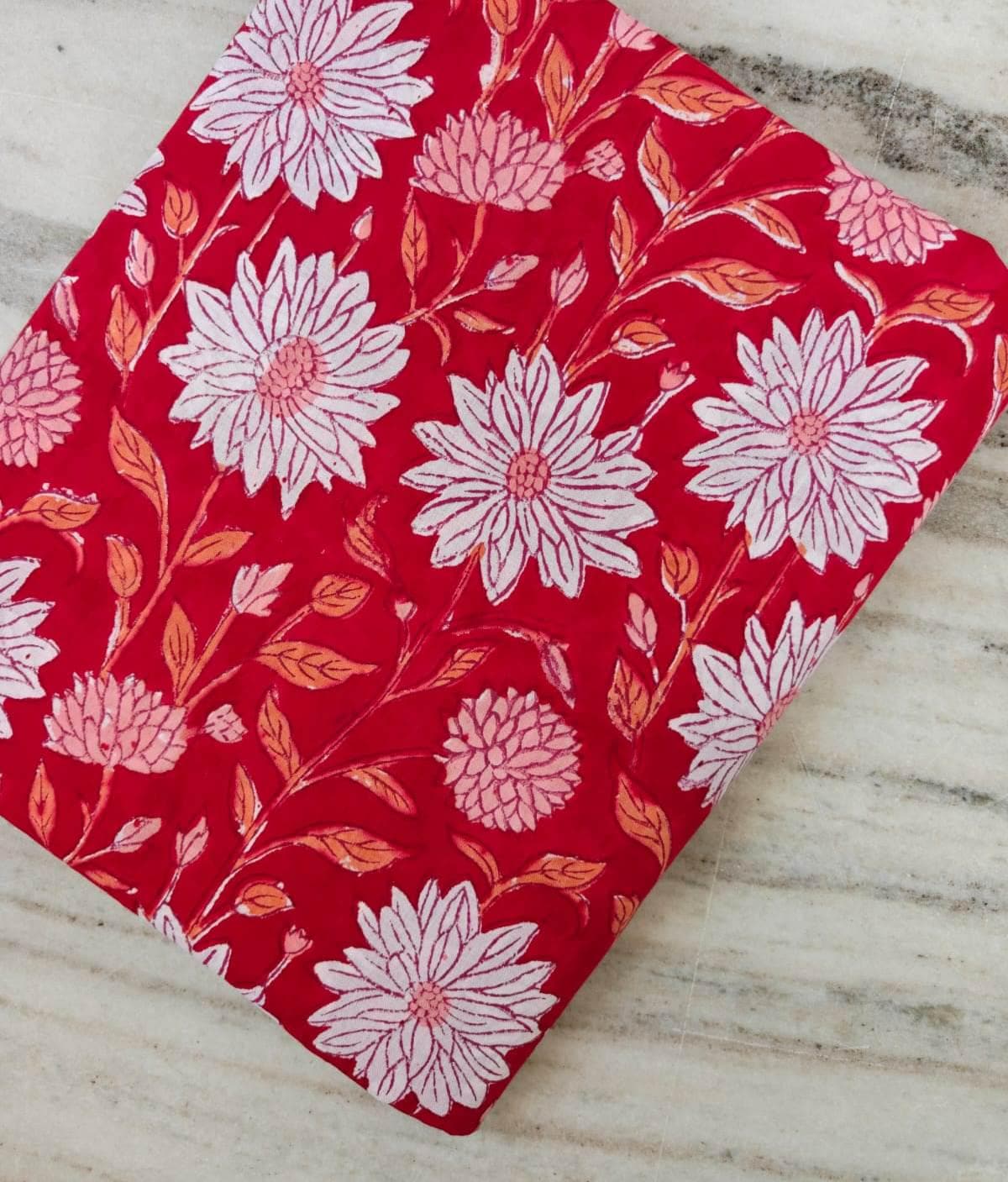Red Floral Cotton Fabric | White & Pink Flower Print | Orange Leaf Design | Indian Cotton Fabric | Sewing Quilting Fabric | Loose Fabric