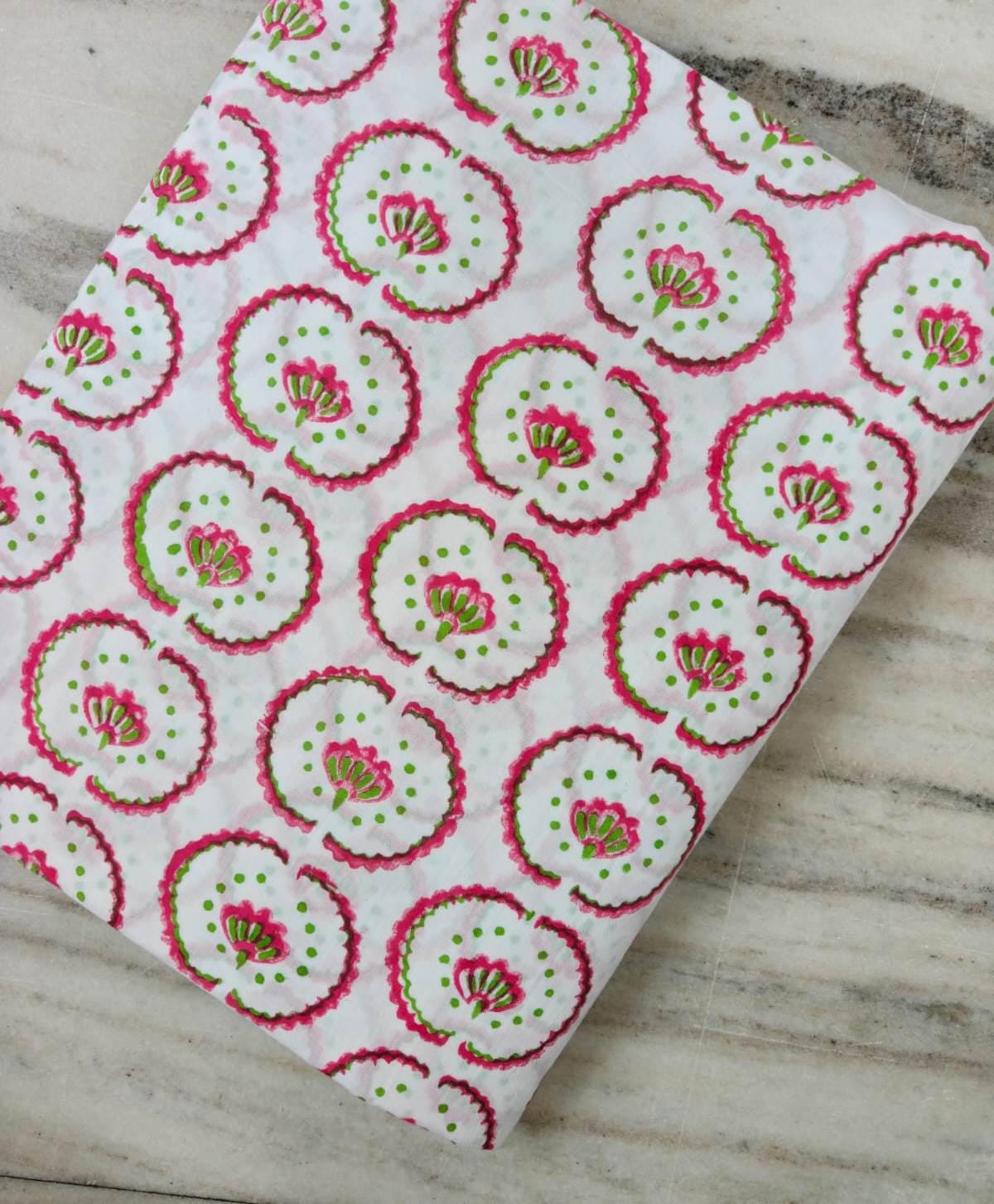 White Cotton Fabric with Pink & Green Floral Circles | Floral Print Fabric | Indian Cotton Fabric | Sewing, Quilting Craft Loose Fabric