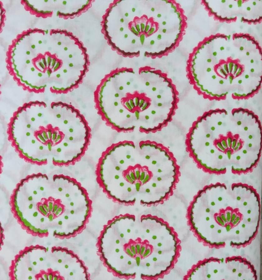 White Cotton Fabric with Pink & Green Floral Circles | Floral Print Fabric | Indian Cotton Fabric | Sewing, Quilting Craft Loose Fabric