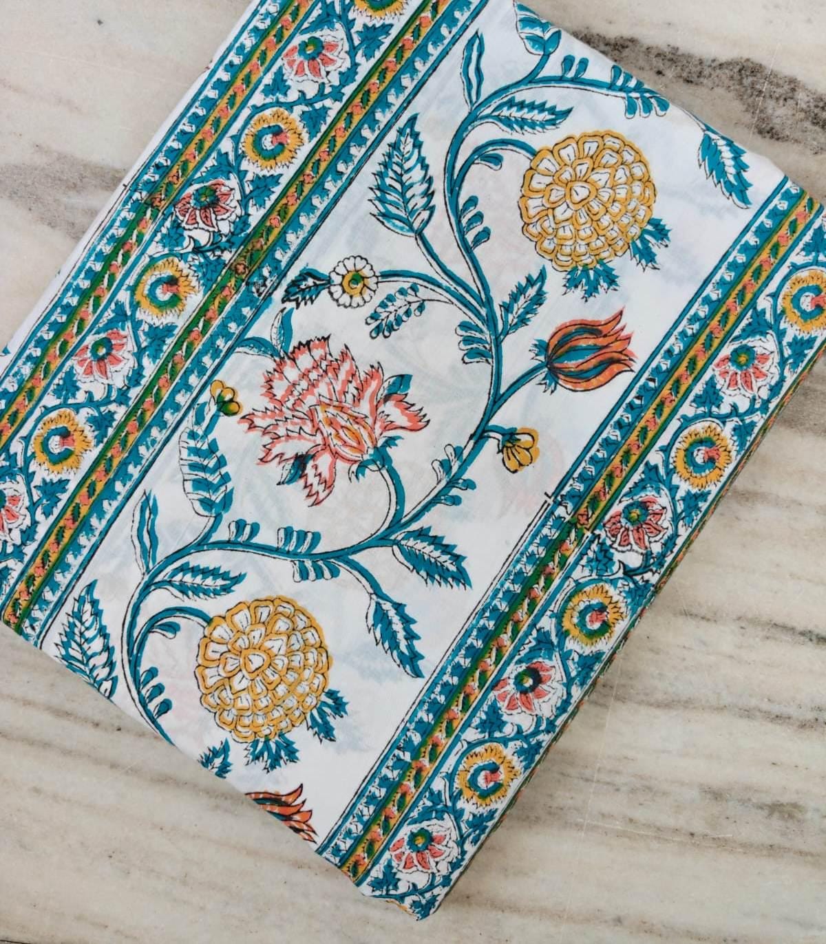 Floral Block Print Cotton Fabric by the Yard, Blue & Mustard Indian Floral Fabric, Hand Block Print Style, Sewing Quilting Fabric
