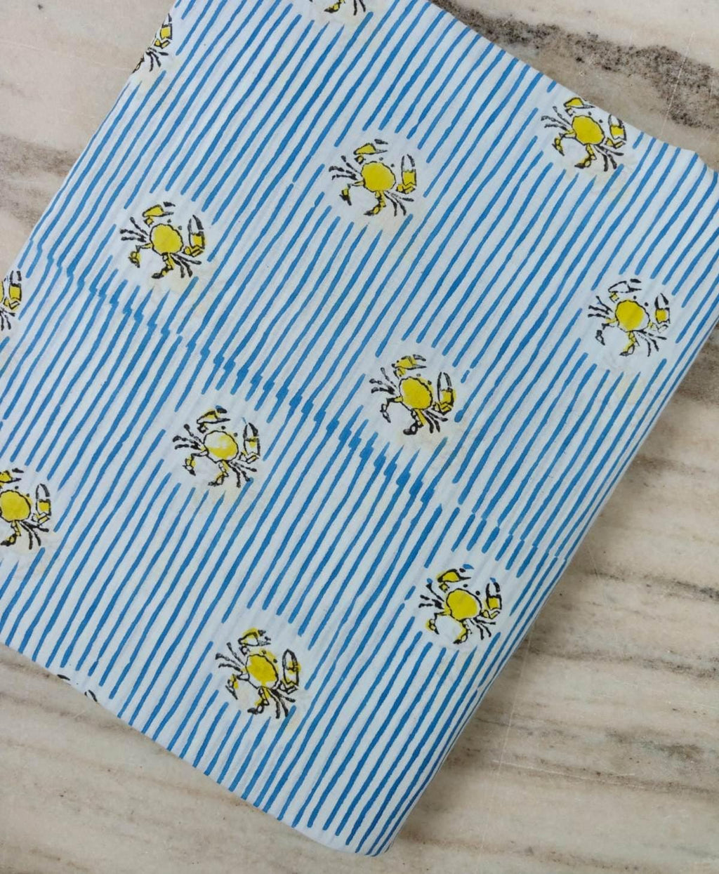 Blue Stripe Cotton Fabric with Yellow Crab Print, Coastal Cotton Fabric by the Yard, Nautical Fabric, Beach House Sewing Fabric, Napkins