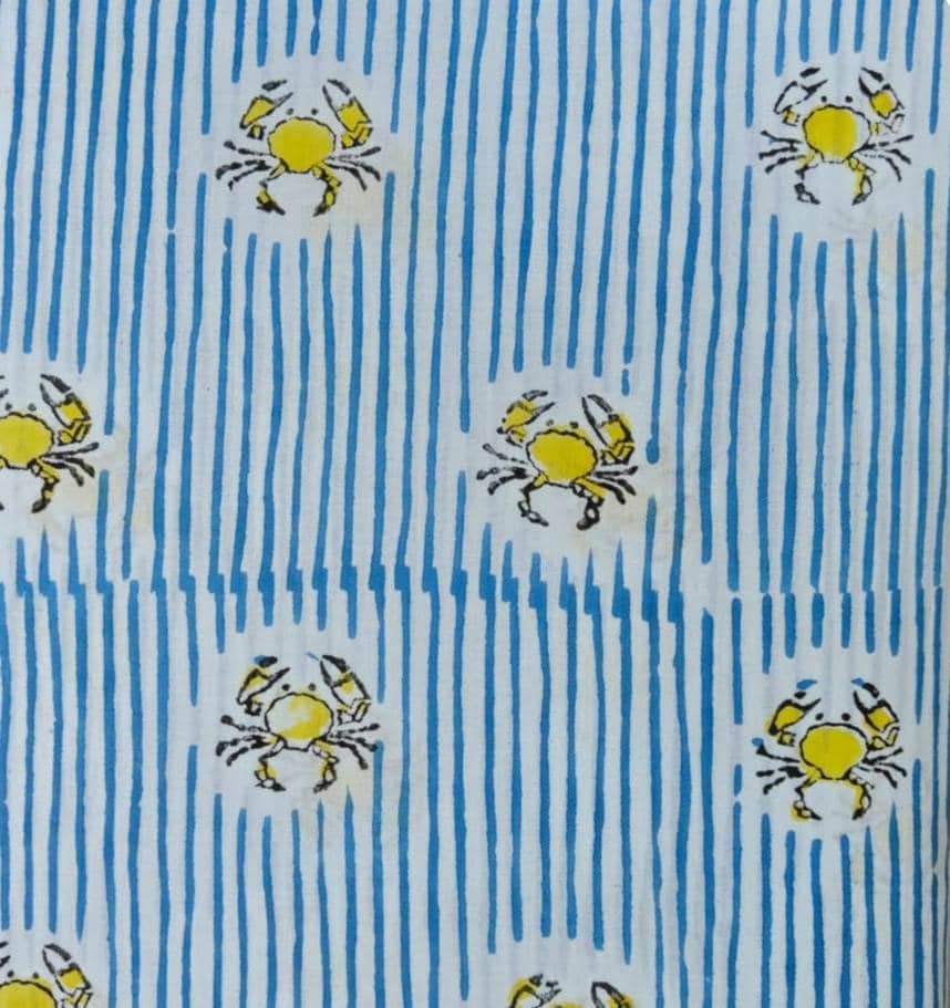 Blue Stripe Cotton Fabric with Yellow Crab Print, Coastal Cotton Fabric by the Yard, Nautical Fabric, Beach House Sewing Fabric, Napkins