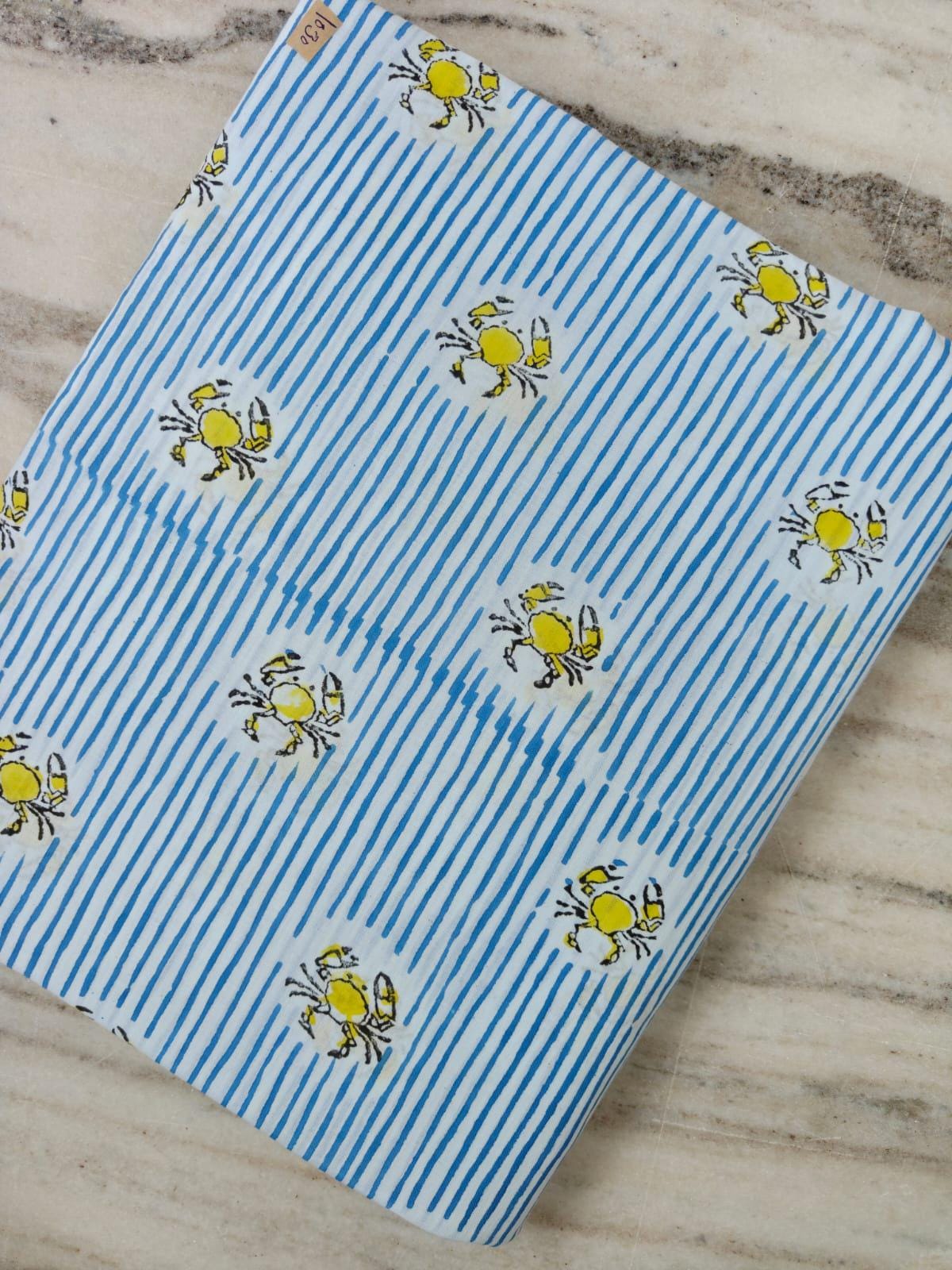 Blue Stripe Cotton Fabric with Yellow Crab Print, Coastal Cotton Fabric by the Yard, Nautical Fabric, Beach House Sewing Fabric, Napkins