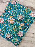 Teal Blue Floral Cotton Fabric, Pink and White Flower Fabric, Botanical Print Fabric, Cotton Sewing Fabric, Quilting Fabric by the Yard