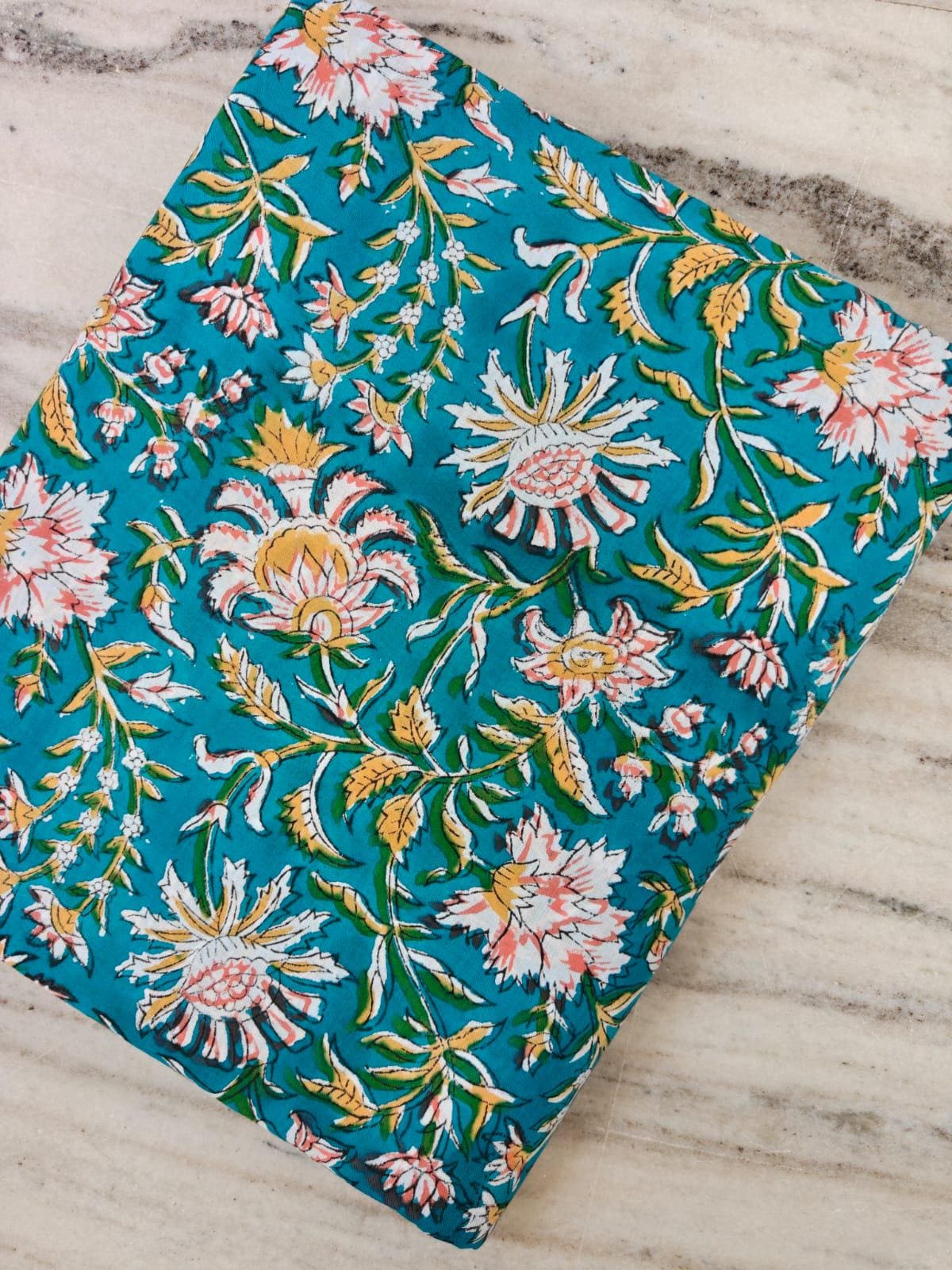Teal Blue Floral Cotton Fabric, Pink and White Flower Fabric, Botanical Print Fabric, Cotton Sewing Fabric, Quilting Fabric by the Yard