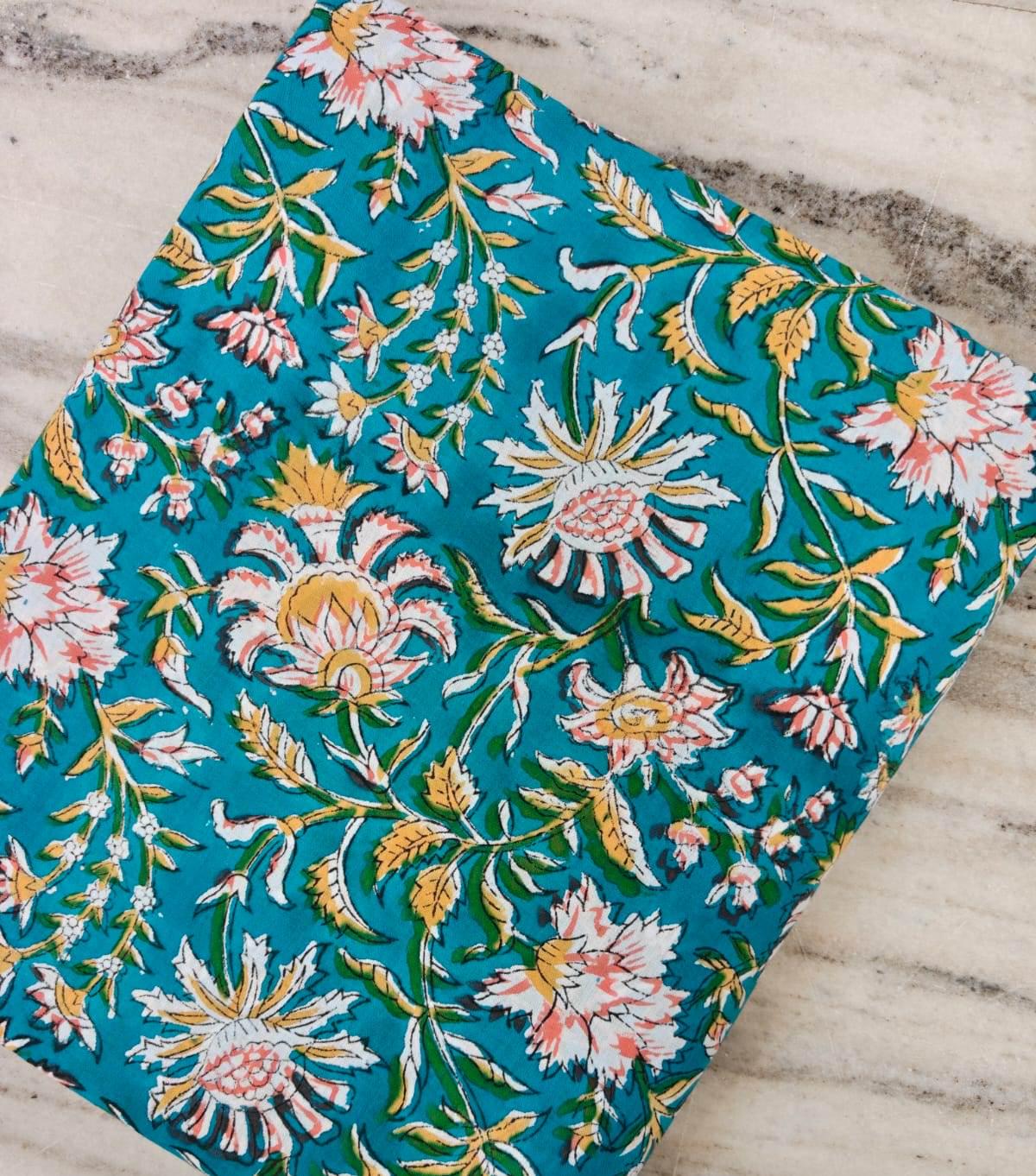 Teal Blue Floral Cotton Fabric, Pink and White Flower Fabric, Botanical Print Fabric, Cotton Sewing Fabric, Quilting Fabric by the Yard