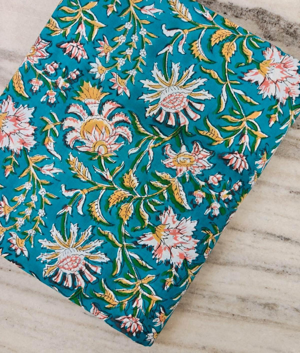 Teal Blue Floral Cotton Fabric, Pink and White Flower Fabric, Botanical Print Fabric, Cotton Sewing Fabric, Quilting Fabric by the Yard