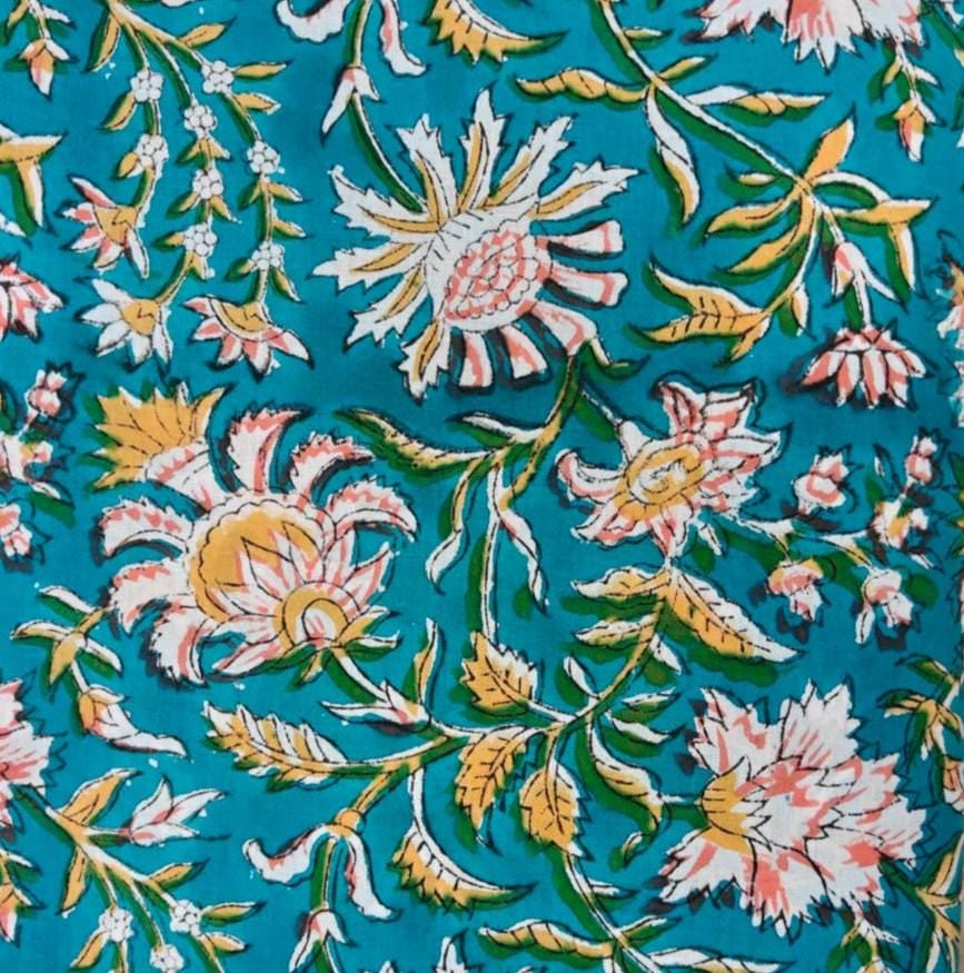 Teal Blue Floral Cotton Fabric, Pink and White Flower Fabric, Botanical Print Fabric, Cotton Sewing Fabric, Quilting Fabric by the Yard