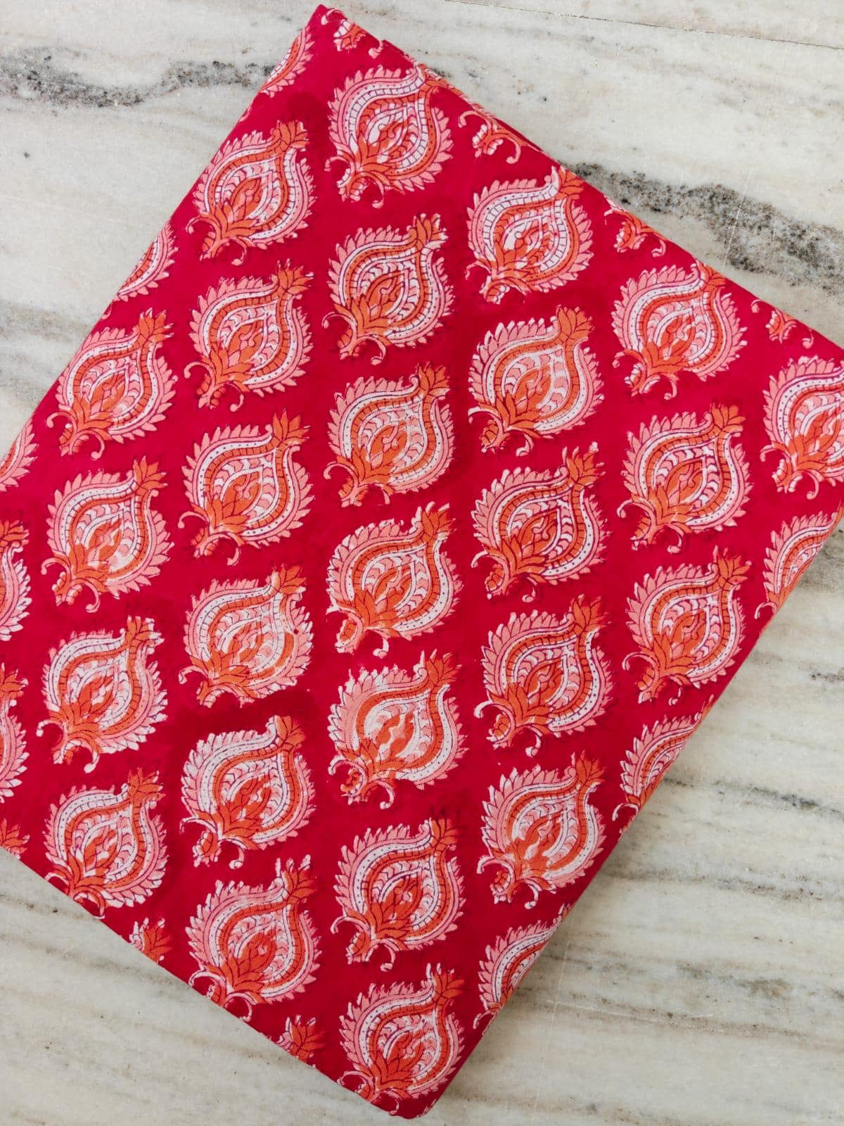 Red Paisley Cotton Fabric, Orange and White Paisley Print Fabric, Indian Block Print Style Fabric, Cotton Sewing Fabric, Fabric by the Yard