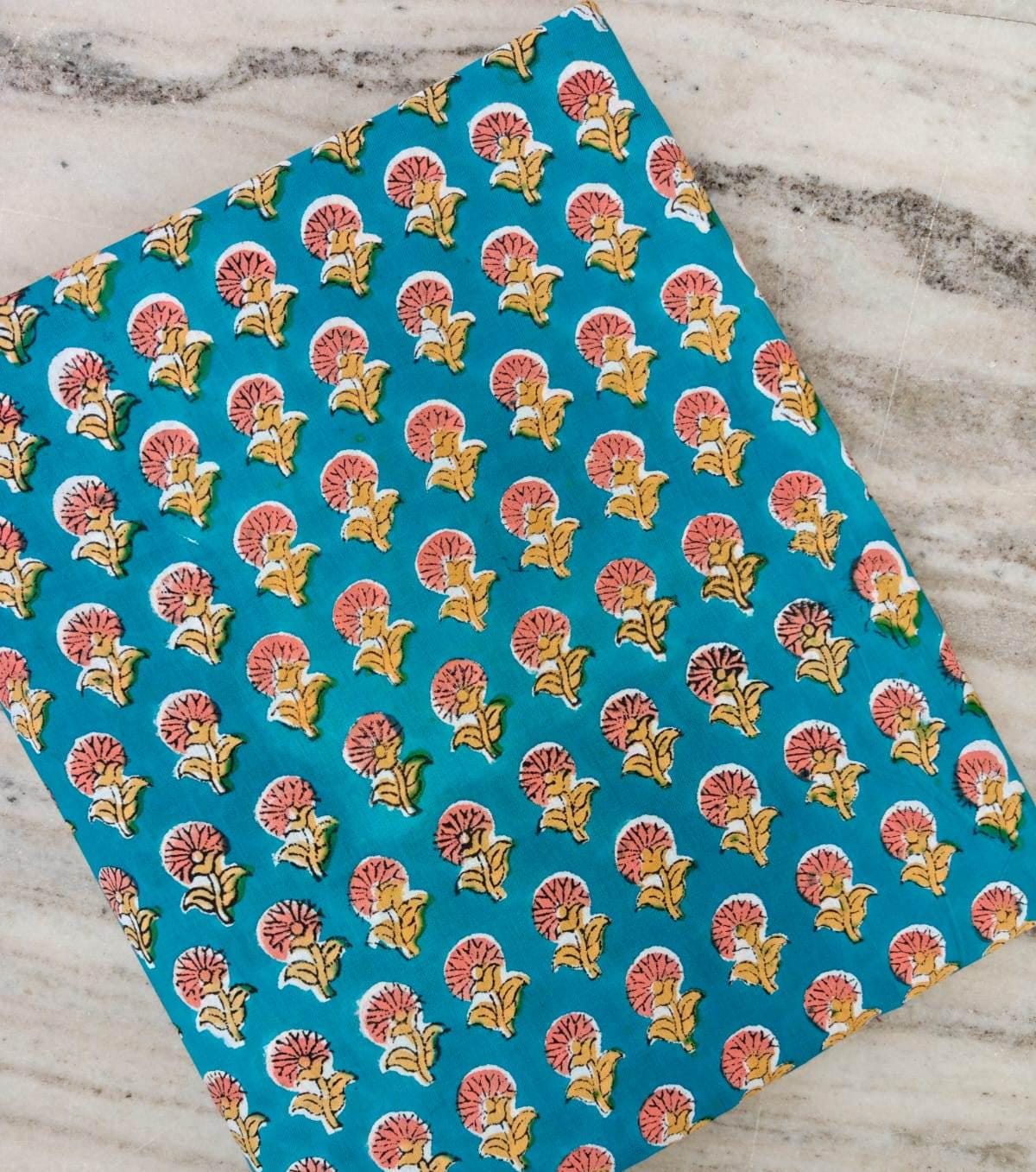 Teal Blue Cotton Fabric with Hand Block Printed Pink Flower Motif | Indian Floral Cotton Fabric | Quilting, Sewing & Craft Fabric