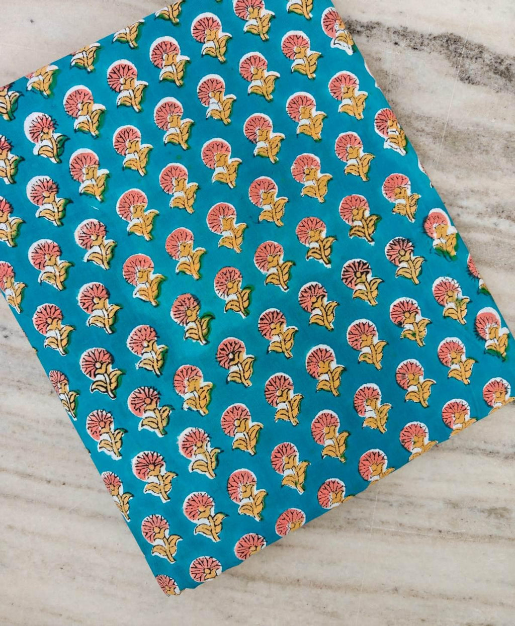 Teal Blue Cotton Fabric with Hand Block Printed Pink Flower Motif | Indian Floral Cotton Fabric | Quilting, Sewing & Craft Fabric