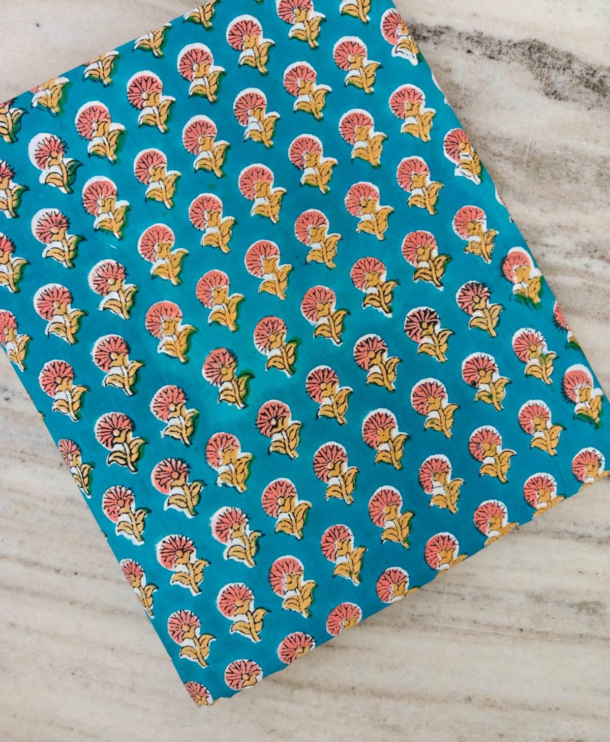 Teal Blue Cotton Fabric with Hand Block Printed Pink Flower Motif | Indian Floral Cotton Fabric | Quilting, Sewing & Craft Fabric