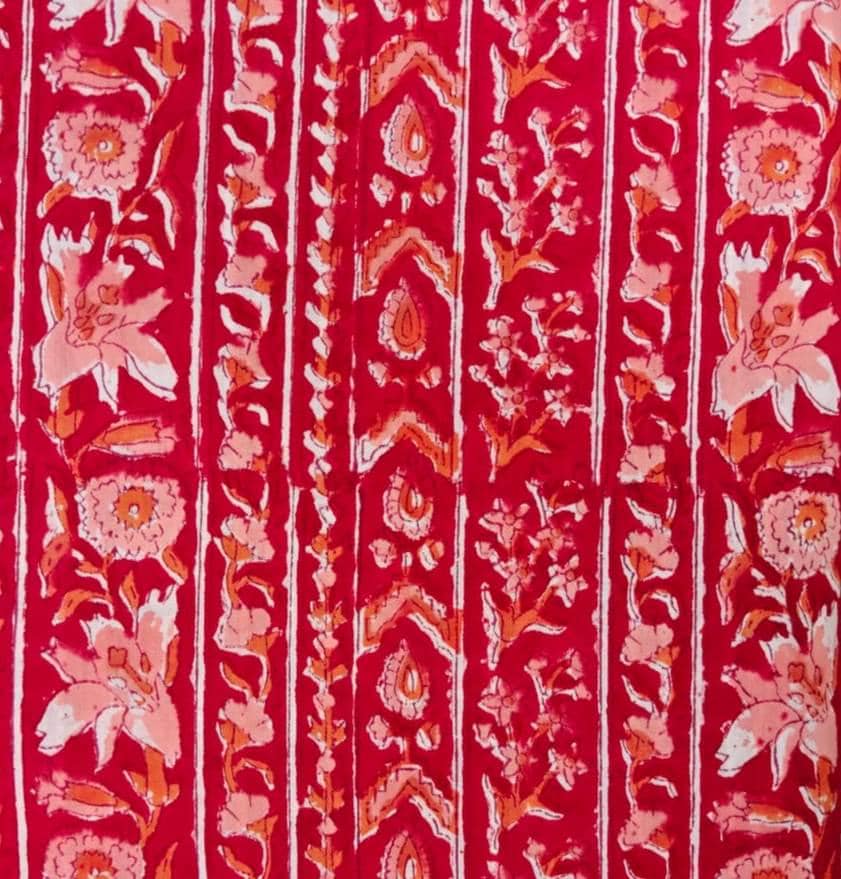 Red Floral Cotton Fabric, Indian Block Print Cotton Fabric, Pink Floral & Paisley Print, Sewing, Quilting Craft Fabric  Loose Running Fabric