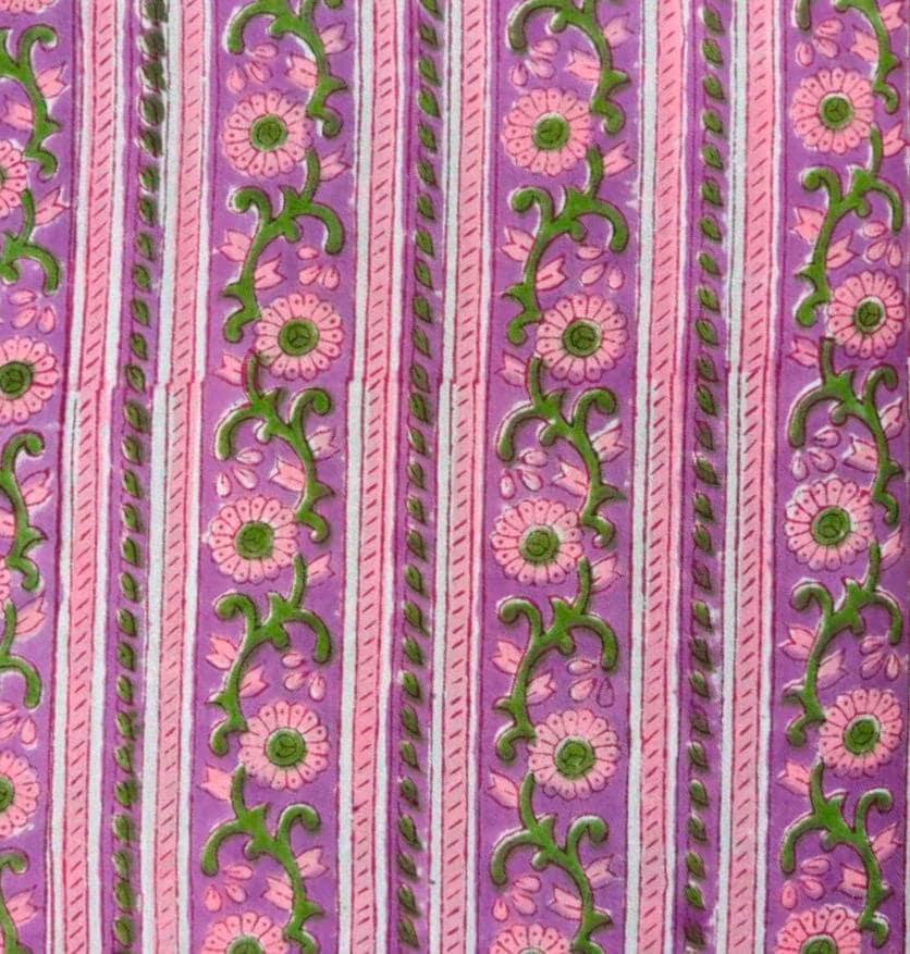 Purple Floral Block Print Cotton Fabric | Pink Green Botanical Print | Indian Cotton Fabric by the Yard | Hand Block Print Textile |