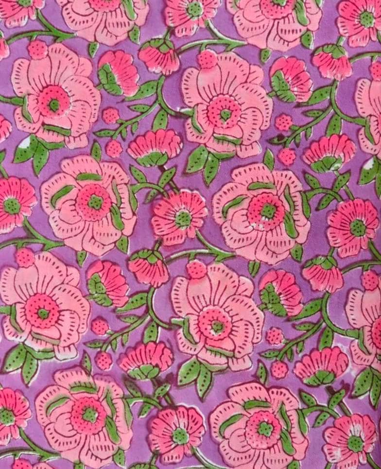 Purple Floral Cotton Fabric | Pink Flower & Green Leaf Print | Indian Cotton Fabric | Floral Sewing Fabric | Dressmaking  Quilting Fabric