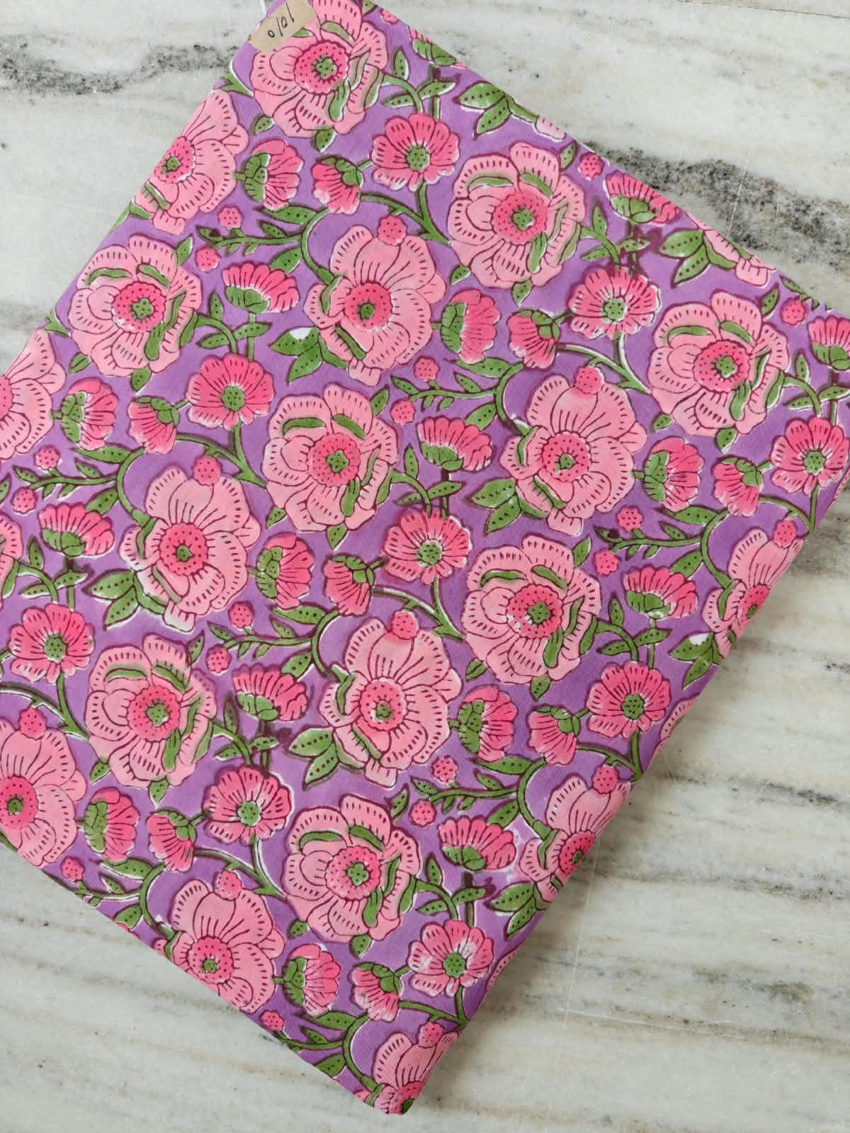 Purple Floral Cotton Fabric | Pink Flower & Green Leaf Print | Indian Cotton Fabric | Floral Sewing Fabric | Dressmaking  Quilting Fabric