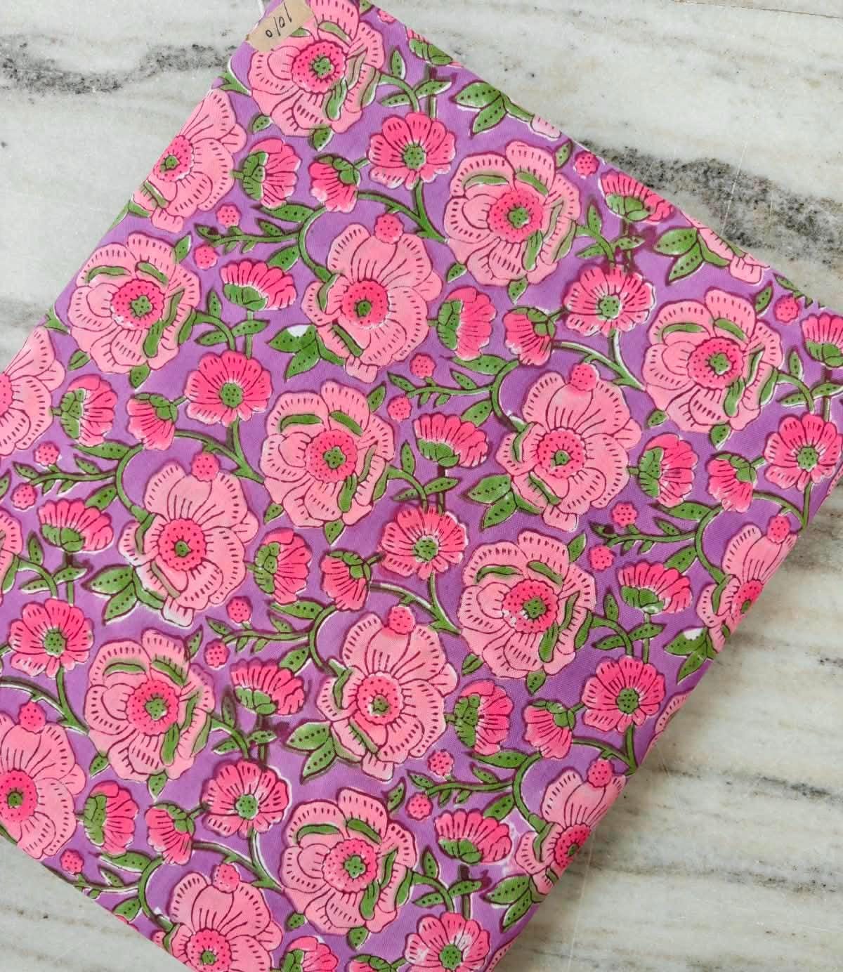 Purple Floral Cotton Fabric | Pink Flower & Green Leaf Print | Indian Cotton Fabric | Floral Sewing Fabric | Dressmaking  Quilting Fabric