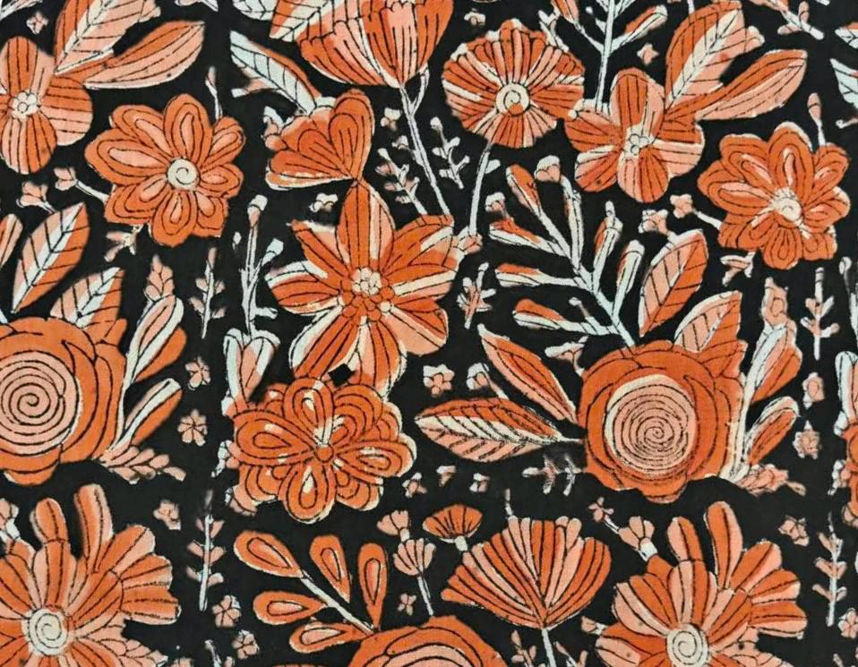 Black & Orange Floral Cotton Fabric | Large Flower Print | Botanical Cotton Fabric | Indian Textile | Sewing  Dressmaking Fabric | Quilting
