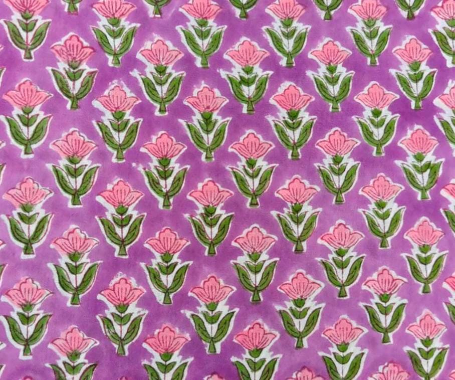Floral 100% Cotton Indian Hand Block Print Purple Floral Cotton Fabric, Green Home Decor Fabric, Quilting & Sewing Loose Running Fabric