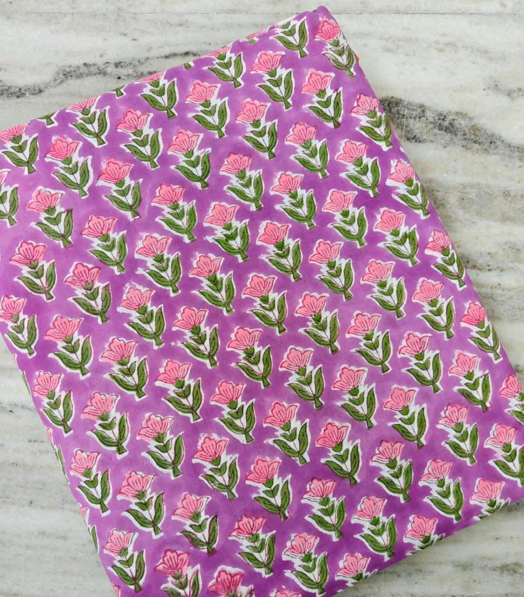 Floral 100% Cotton Indian Hand Block Print Purple Floral Cotton Fabric, Green Home Decor Fabric, Quilting & Sewing Loose Running Fabric