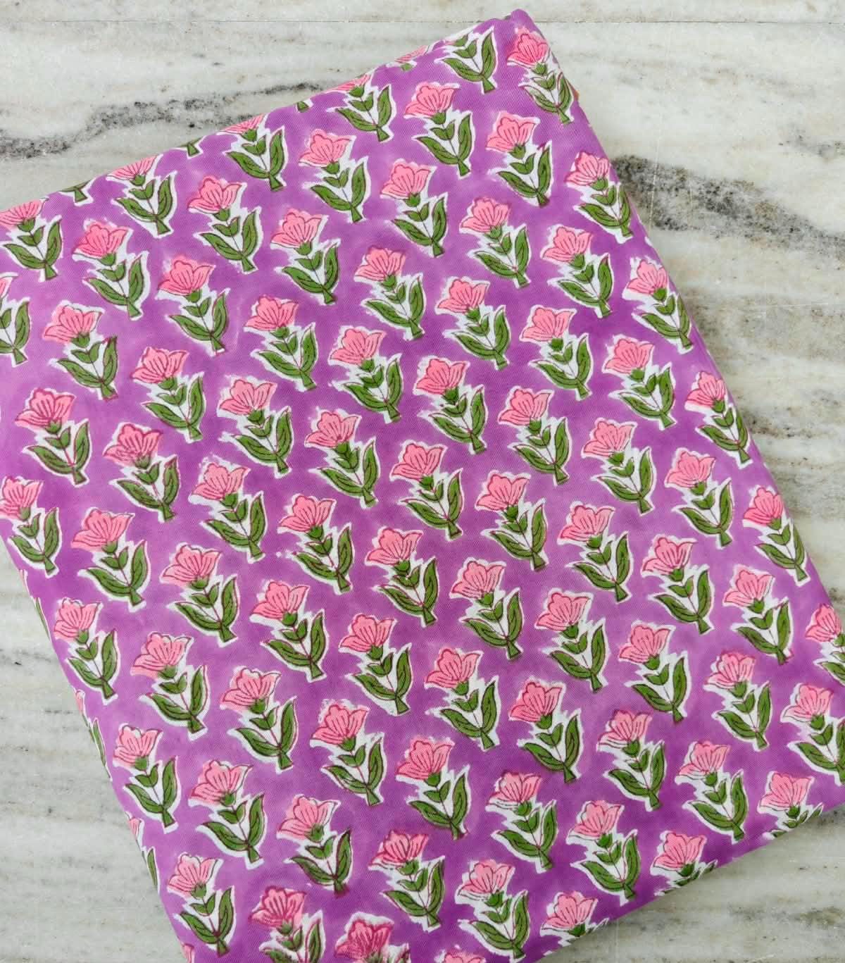 Floral 100% Cotton Indian Hand Block Print Purple Floral Cotton Fabric, Green Home Decor Fabric, Quilting & Sewing Loose Running Fabric