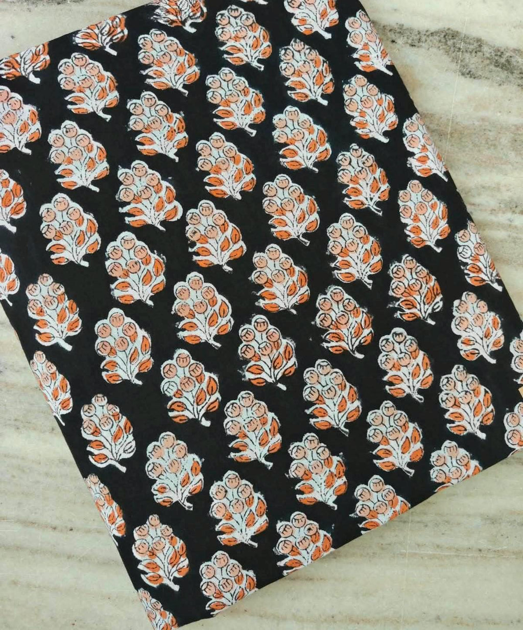Black Cotton Fabric with Orange Floral Print, Block Print Cotton Fabric, Indian Floral Textile, Quilting & Sewing Fabric, Dressmaking Fabric
